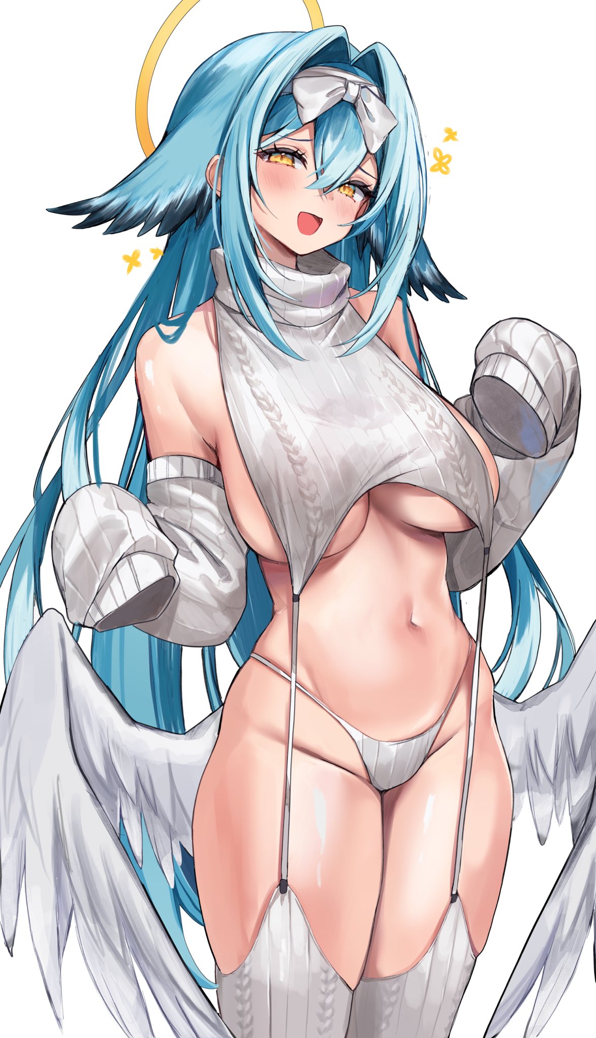 1girls angel angel_girl bird_ears blue_hair blush breasts detached_sleeves female female_only halo huge_breasts kamila_(yuniiho) light-skinned_female light_skin looking_at_viewer meme_attire open_mouth original oversized_sleeves panties sideboob simple_background solo sweater underboob virgin_destroyer_sweater white_background white_panties wings yellow_eyes yuniiho