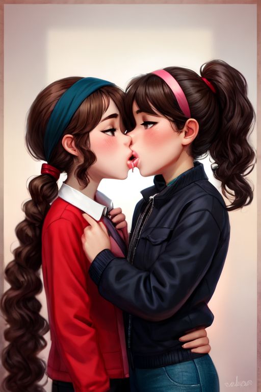 2girls accurate_art_style ai_generated bow brunnette buckteeth digital_media_(artwork) female headband kissing realistic rule_63 the_fairly_oddparents timantha timmy_turner yaoi