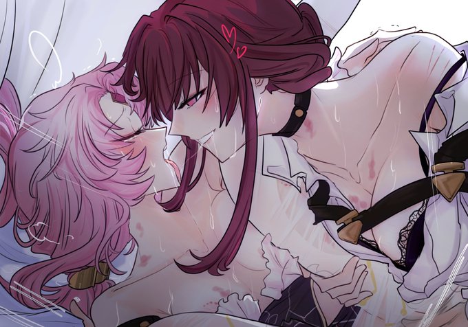 2girls, assertive female, bare shoulders, bed, bite mark, black bra, blush, closed eyes, collar, female, forehead jewel, fu xuan (honkai: star rail), heart, hickey, honkai (series), honkai: star rail, kafka (honkai: star rail), kissing, multiple females, multiple girls, pink hair, purple eyes, scratch marks, sweat, tongue, tongue out, yuri