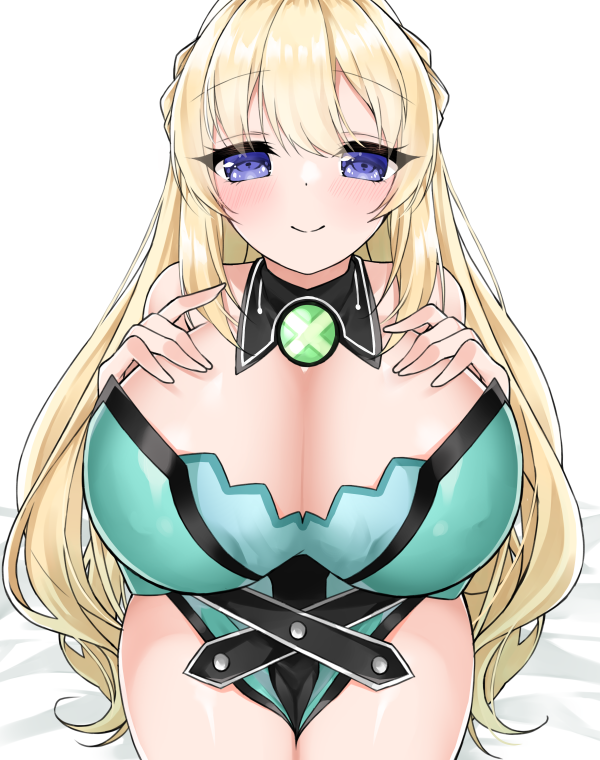 1girls bed blonde_hair blue_eyes blush breasts choujigen_game_neptune cleavage clothed clothing compile_heart eyebrows_visible_through_hair female female_only huge_breasts idea_factory light-skinned_female light_skin looking_at_viewer neptunia_(series) on_bed sitting_on_bed solo sula_(s_ra760) vert