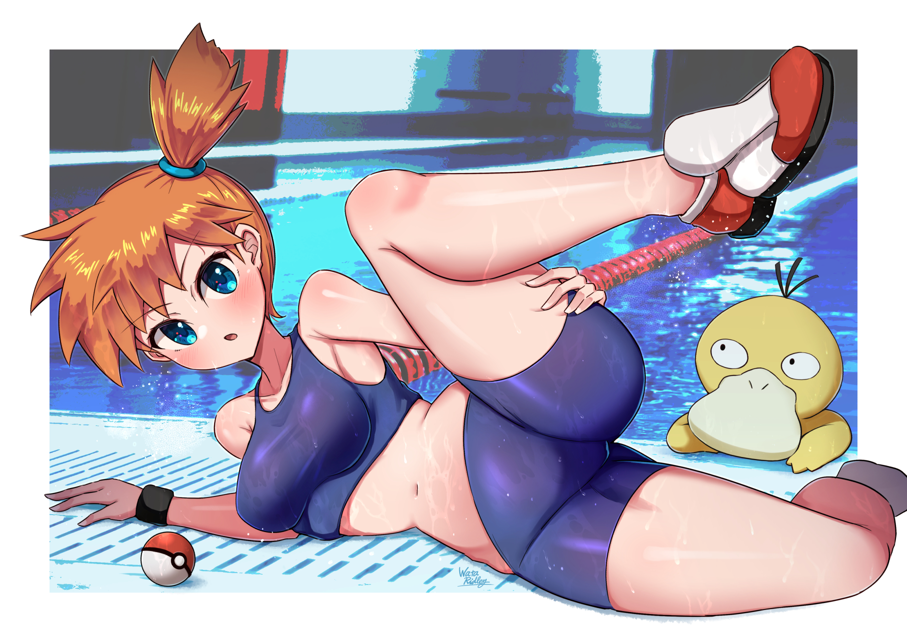 1girls, armpits, asymmetrical hair, bikini, blue bikini, blush, breasts, creatures (company), eyelashes, female, female only, game freak, gen 1 pokemon, green eyes, gym leader, hair tie, highres, kasumi (pokemon), legs, medium breasts, misty (pokemon), navel, nintendo, orange hair, poke ball, pokemon, pokemon (game), pokemon (species), pokemon frlg, ponytail, pool, psyduck, side ponytail, solo, sweatdrop, swimsuit, thighs, wata ridley, water, wet