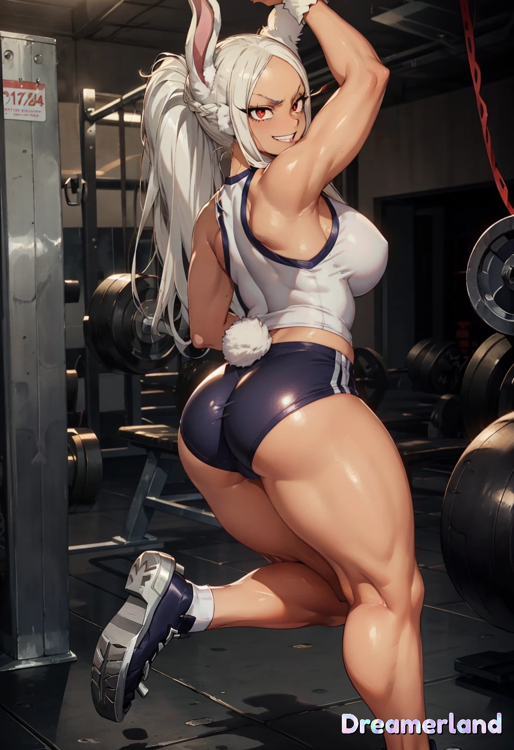 1girls ai_generated back_view boku_no_hero_academia brown_skin brown_skinned_female bunny_tail female female_only fit_female gym gym_clothes gym_shorts gym_uniform leg_raise leg_up looking_at_viewer looking_back miruko my_hero_academia red_eyes rumi_usagiyama short_shorts showing_ass thick thick_ass thick_thighs white_hair