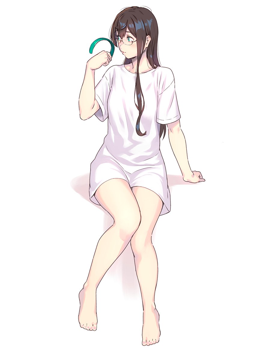 bare_legs barefoot brown_eyes feet glasses green_eyes kantai_collection long_hair long_shirt ooyodo_(kantai_collection) shirt_only sitting sitting_down teenager yuuji_(and)