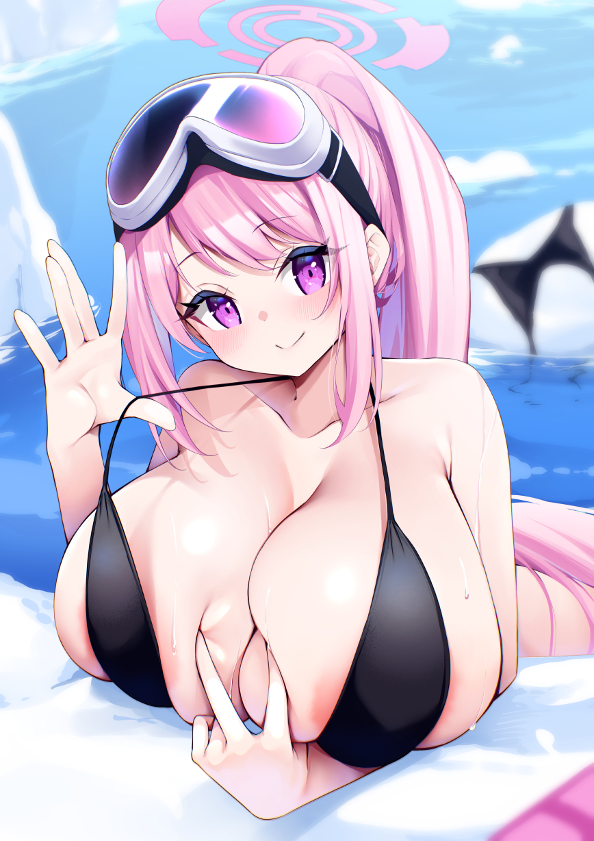 areola_slip blue_archive blush bottomless eimi_(blue_archive) eimi_(swimsuit)_(blue_archive) gigantic_breasts ice iceberg inviting_to_paizuri kannmuri227 looking_aside lying_on_stomach millennium_science_school_student no_panties panties_removed partially_submerged presenting_breasts pulling_bikini_string smile super_phenomenon_task_force_(blue_archive) sweaty sweaty_breasts