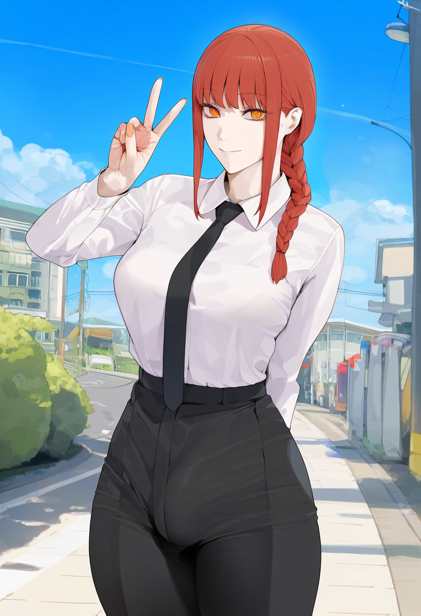 1futa ai_generated anime arms artist_request bangs belt black_pants black_tie blue_sky boobs braided_hair breasts bulge chainsaw_man clothed clothed_futanari ears eyelashes eyes fingernails fingers futa futa_only futanari hair hands lashes legs makima_(chainsaw_man) nails orange_eyes pants penis penis_bulge red_hair redhead shoulders smile smiling smiling_at_viewer tie tits