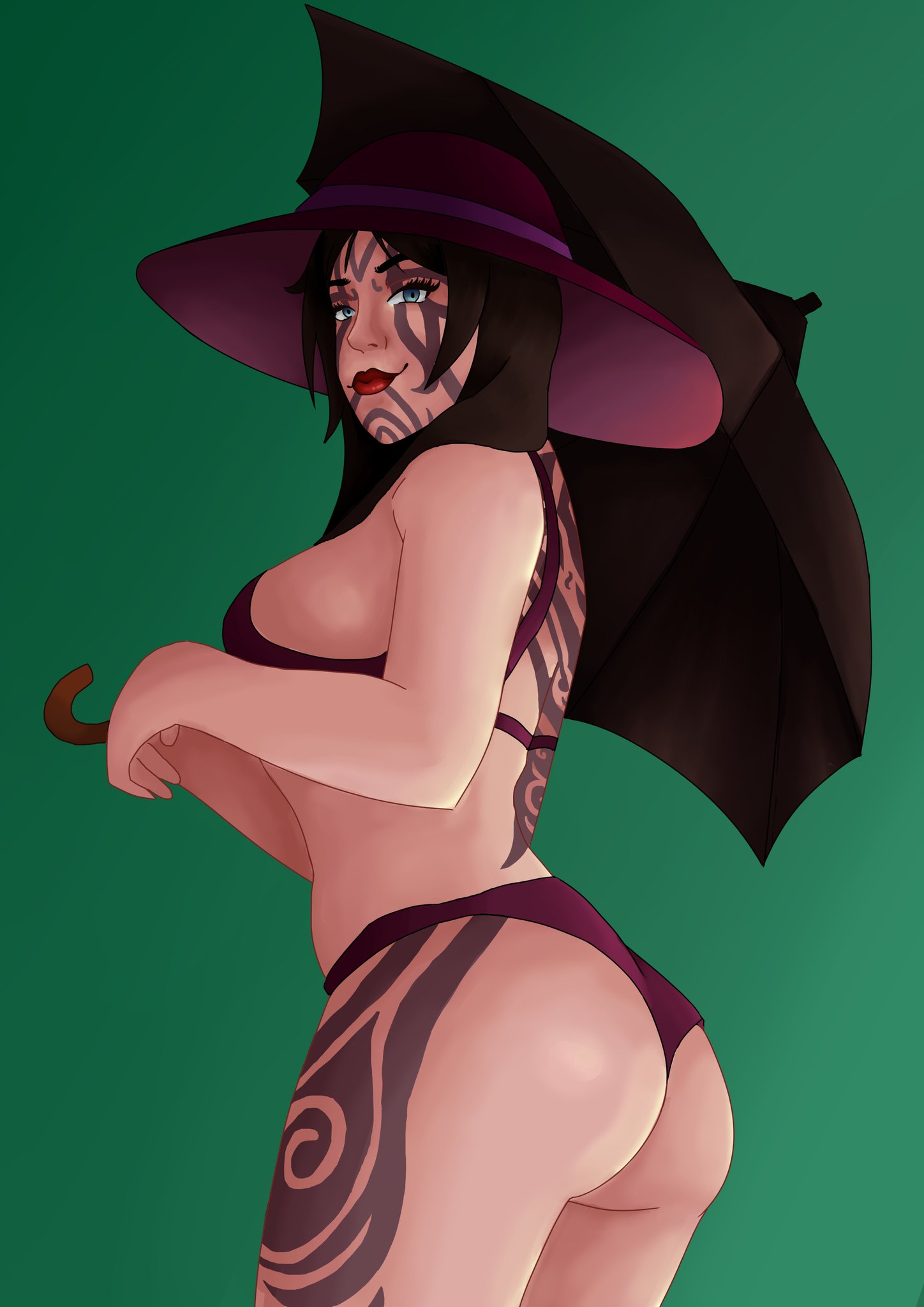 ass big_breasts bikini celtic_mythology deity european_mythology goddess hat long_hair looking_at_viewer medusavengeful mythology public_domain smirk smirking_at_viewer smite tattoos the_morrigan_(smite) umbrella