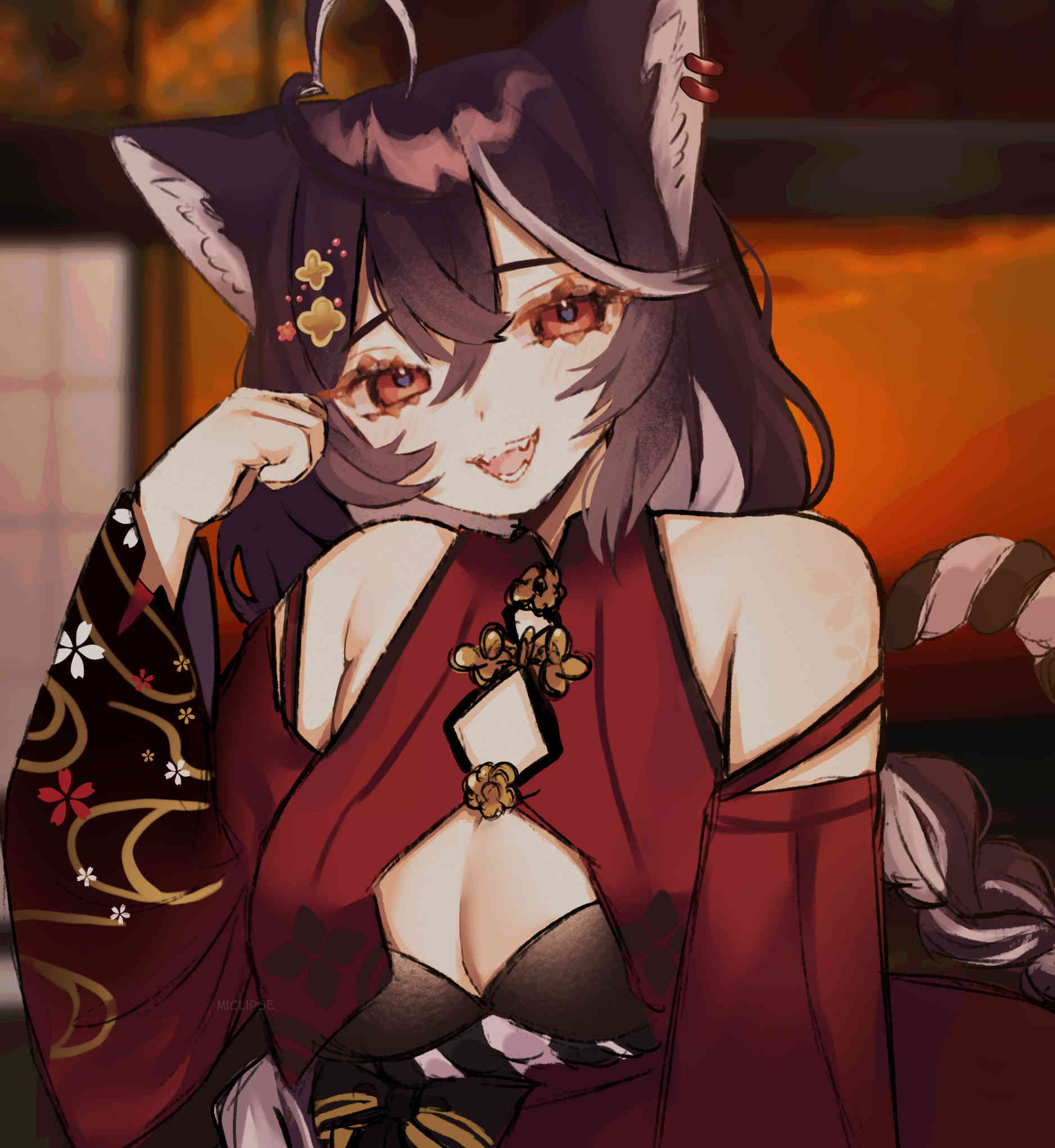 1girl ahoge animal_ear_fluff animal_ears bangs bare_shoulders black_hair braid breasts brown_hair cat_ears cleavage cleavage_cutout detached_sleeves dress fangs female hair_ornament japanese_clothes kimono long_hair long_sleeves looking_at_viewer momotexx_(vtuber) open_mouth red_eyes rkgk short_eyebrows smile solo upper_body virtual_youtuber vyugen wide_sleeves wolf_ears wolf_girl wolf_tail