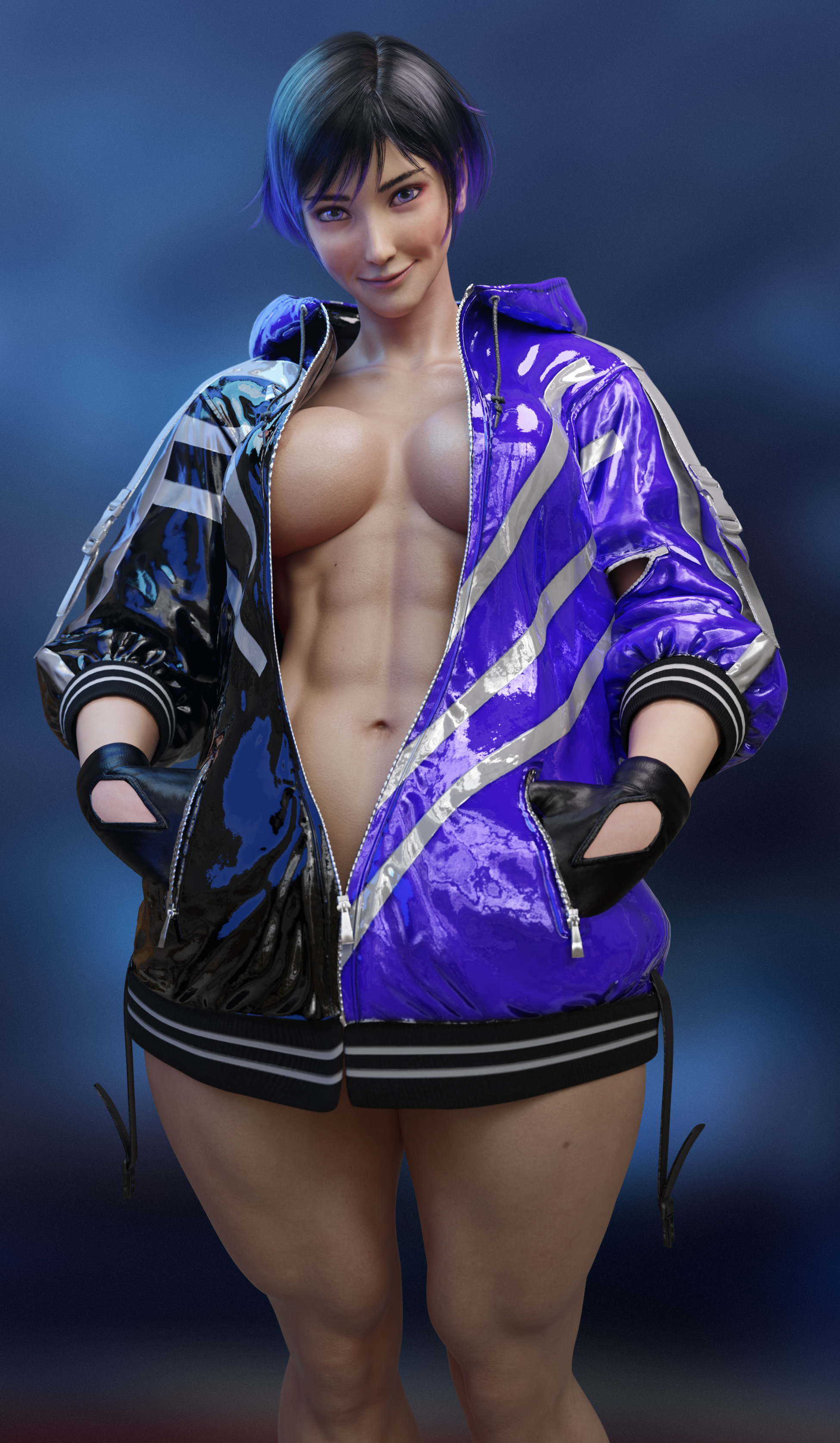 1girls, 3d, abs, athletic, athletic female, batesz, black and purple hair, black hair, breasts, female, female abs, female only, fit, fit female, hi res, jacket, large breasts, muscular, muscular female, naughty face, reina mishima, short hair, six pack, solo, tekken, tekken 8, tomboy, toned, toned female, two-tone hair, unzipped jacket