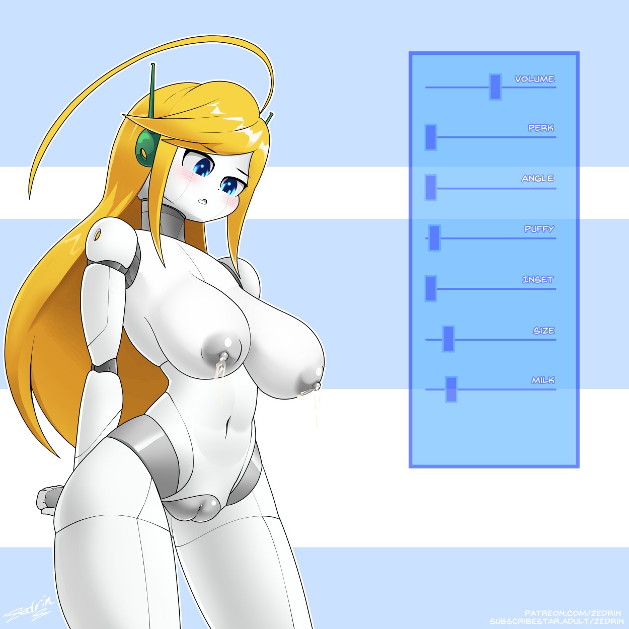 areola attribute_slider big_breasts blonde_hair blue_eyes blush bodily_fluids body_slider breast_expansion breasts cave_story curly_brace expansion female genitals hair hi_res huge_breasts humanoid lactating machine milk navel nipples nude pussy robot robot_humanoid signature slider solo standing text thick_thighs white_body wide_hips zedrin