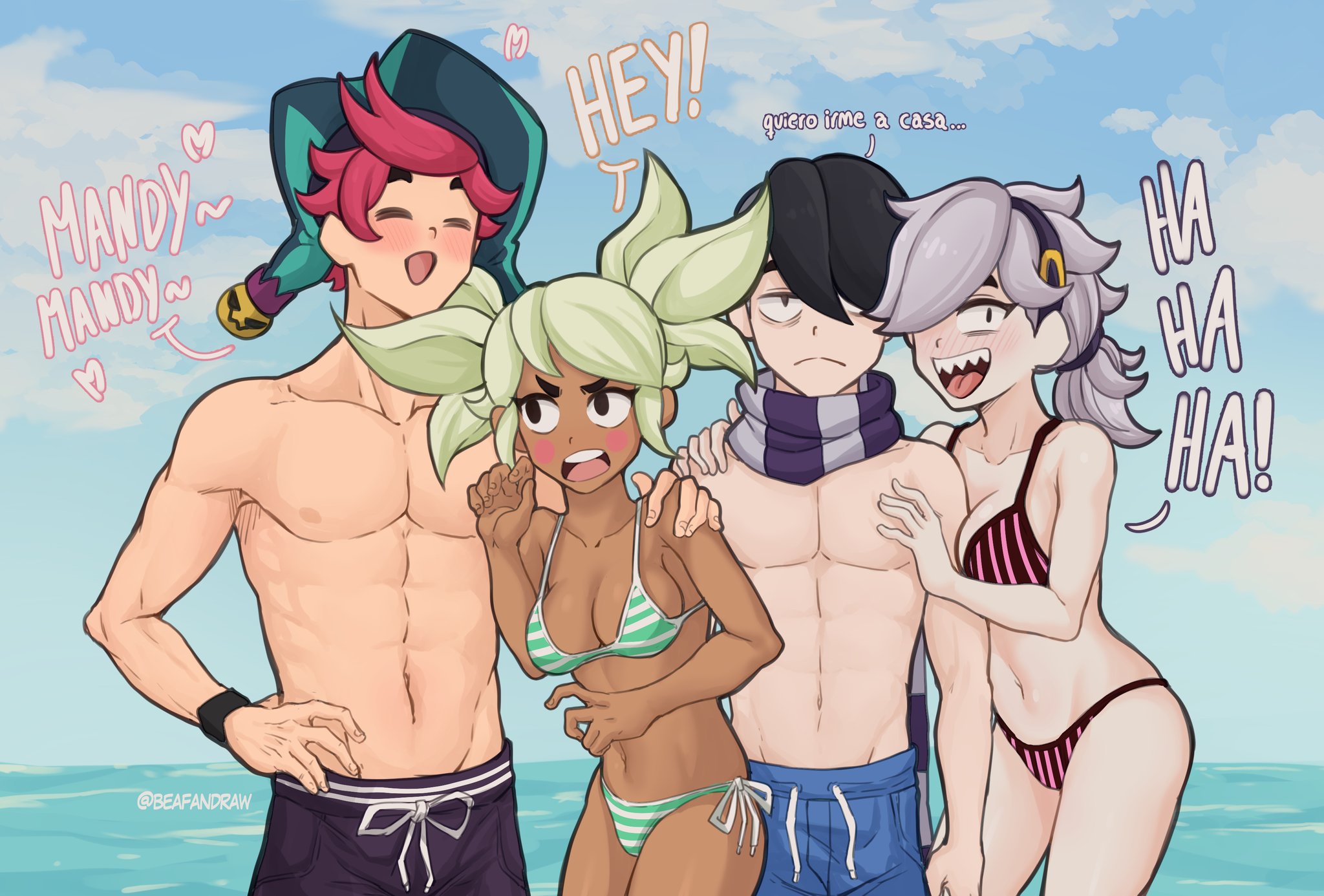 arm between breasts, beafandraw, between breasts, bikini, brawl stars, breasts, chester (brawl stars), cleavage, colette (brawl stars), edgar (brawl stars), female, large breasts, mandy (brawl stars)
