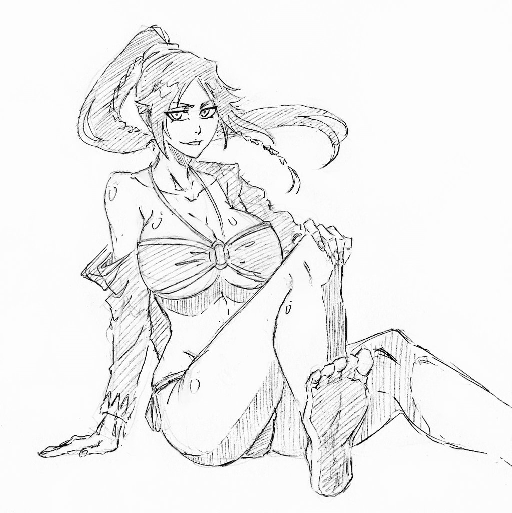 barefoot big_breasts bikini black_and_white bleach bleach:_the_thousand-year_blood_war fat_breasts feet flat_belly hair_tie large_breasts long_hair looking_back open_jacket rakusakugk shihouin_yoruichi sitting sitting_down sitting_on_floor sketch sketch_page smiling_at_viewer tied_hair white_background