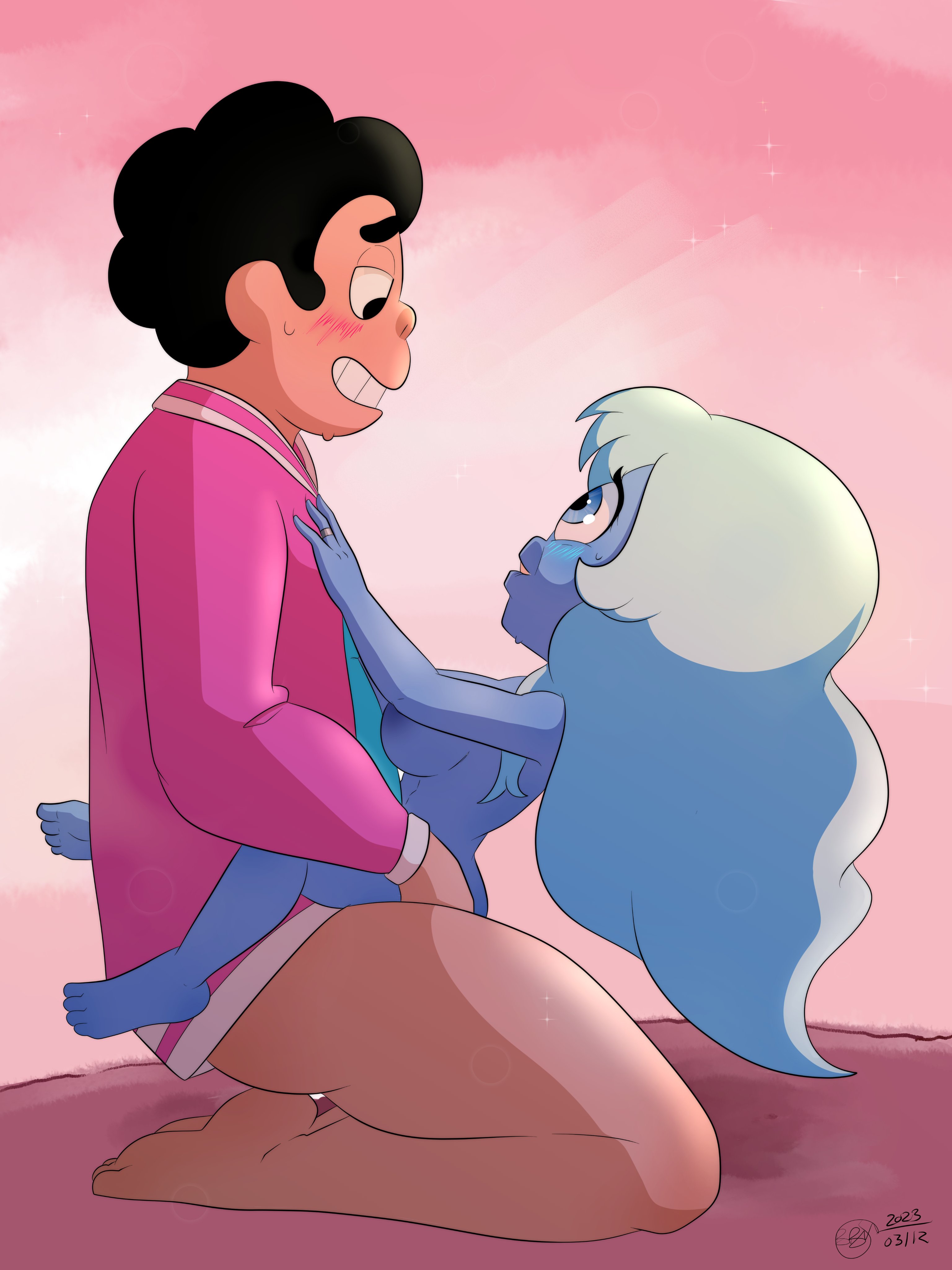 1boy, 1girls, 2d, big breasts, biting lip, black eyes, black hair, blue eyes, blue hair, blue skin, blue-skinned female, blush, breasts, bunbunmuffinart, cyclops, feet, female, gem (species), jacket, light skin, light-skinned male, long hair, male, orientation play, partially clothed, sapphire (steven universe), shirt, short hair, size difference, steven quartz universe, steven universe, steven universe: the movie, sweat, toes, wedding ring