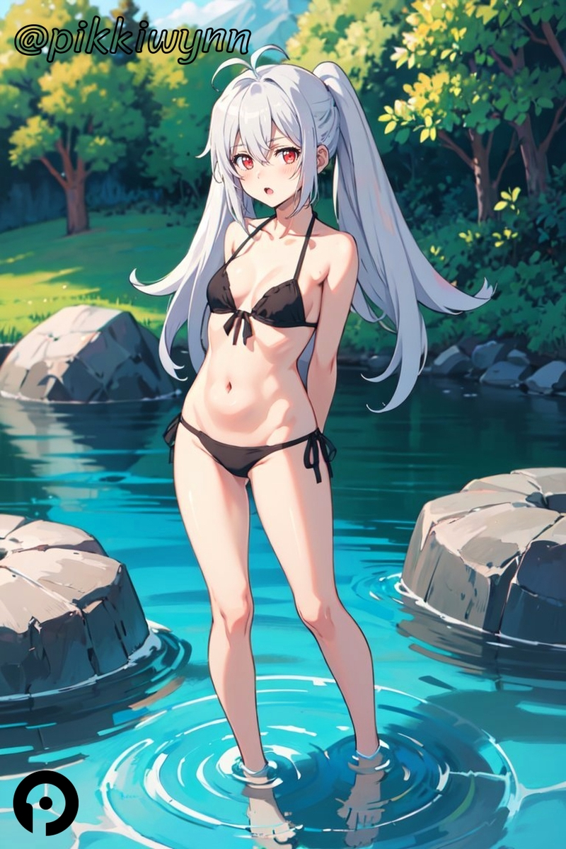 ahoge ai_generated antenna_hair arms_behind_back bare_legs bare_shoulders barefoot bikini black_bikini breasts collarbone day female front-tie_bikini_top front-tie_top full_body groin halterneck isla_(plastic_memories) long_hair looking_at_viewer navel open_mouth outdoors pikkiwynn plastic_memories red_eyes rock side-tie_bikini_bottom small_breasts solo standing stomach string_bikini swimsuit tree twintails wading water white_hair