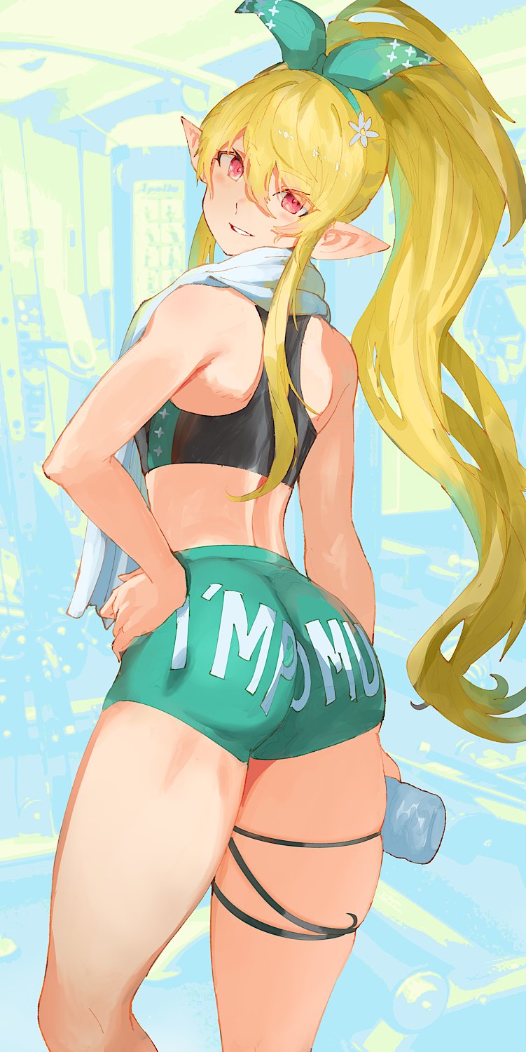 1girls arqodeon_(4rqo.) ass back_view blonde_hair bottle eyebrows_visible_through_hair female female_only gym gym_clothes gym_shorts hairband hand_on_hip indoors lazulight light-skinned_female light_skin looking_at_viewer looking_back nijisanji nijisanji_en pointy_ears pomu_rainpuff ponytail red_eyes shorts solo topwear virtual_youtuber water_bottle