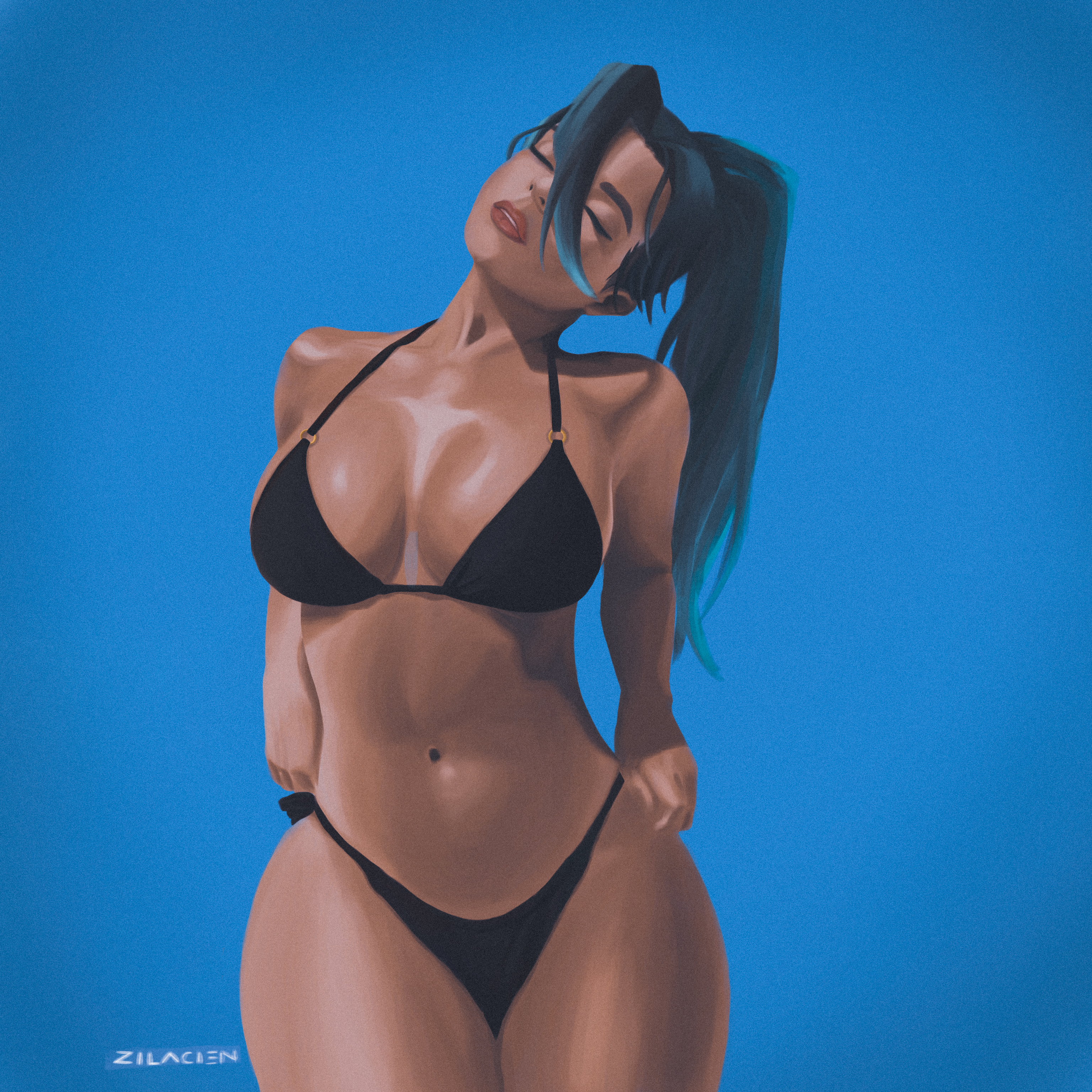 belly, big breasts, bikini, bikini bottom, bikini top, breasts, closed eyes, female, hourglass figure, huge breasts, long hair, open mouth, sage (valorant), simple background, solo, solo female, standing, sweat, thick thighs, thighs, valorant, wide hips, zil a cien