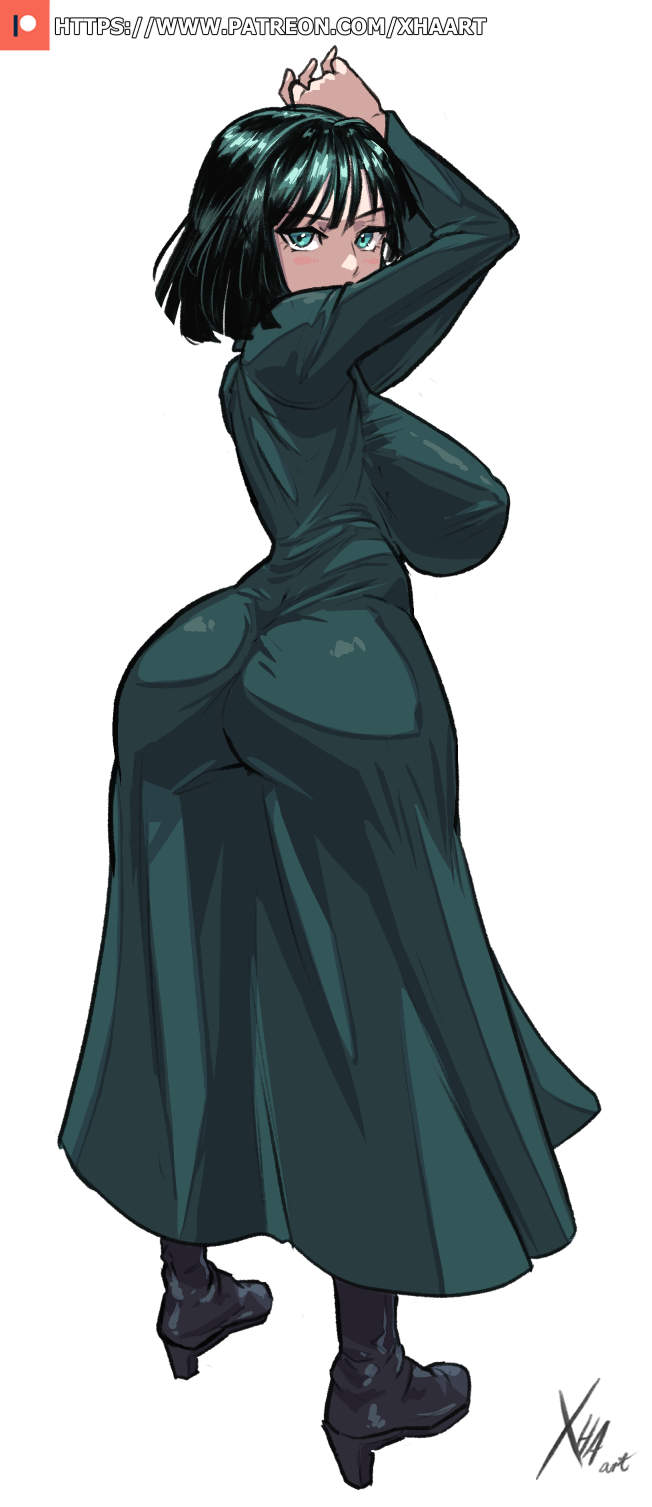 ass_in_dress black_hair commission fubuki_(one-punch_man) fully_clothed green_hair hands_above_head huge_ass huge_breasts looking_at_viewer looking_back nipple_bulge one-punch_man short_hair tight_dress xhaart