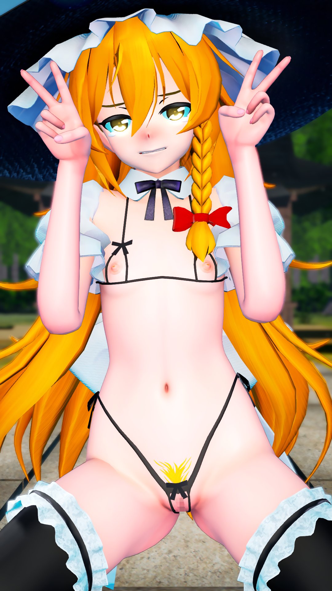 3d 3d_(artwork) asawa bikini bikini_bottom bikini_top blonde_hair blush breasts censored_pussy embarrassed embarrassed_nude_female enf flat_chest legs_apart marisa_kirisame mikumikudance mmd nipples peace_sign pussy revealing revealing_clothes small_breasts smaller_male standing string_bikini string_panties swimsuit swimwear thighhighs thighs touhou uncomfortable witch witch_hat yellow_eyes