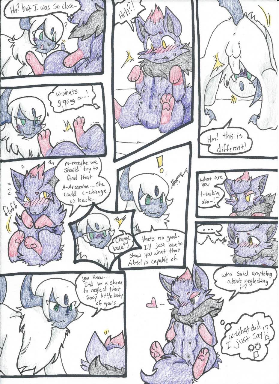 2019 absol anus blush breasts canid canine canis colored colored_pencil_(artwork) comic duo embarrassed english_text female feral fur gender_transformation generation_3_pokemon generation_5_pokemon genitals hi_res humanoid_genitalia humanoid_pussy jaki-kun_(character) licking licking_lips male male/female mammal mind_alteration mind_break multi_breast nintendo penis pokemon pokemon_(species) purple_body purple_fur pussy rainbowraven tail tail_between_legs teats text tongue traditional_media_(artwork) transformation zorua