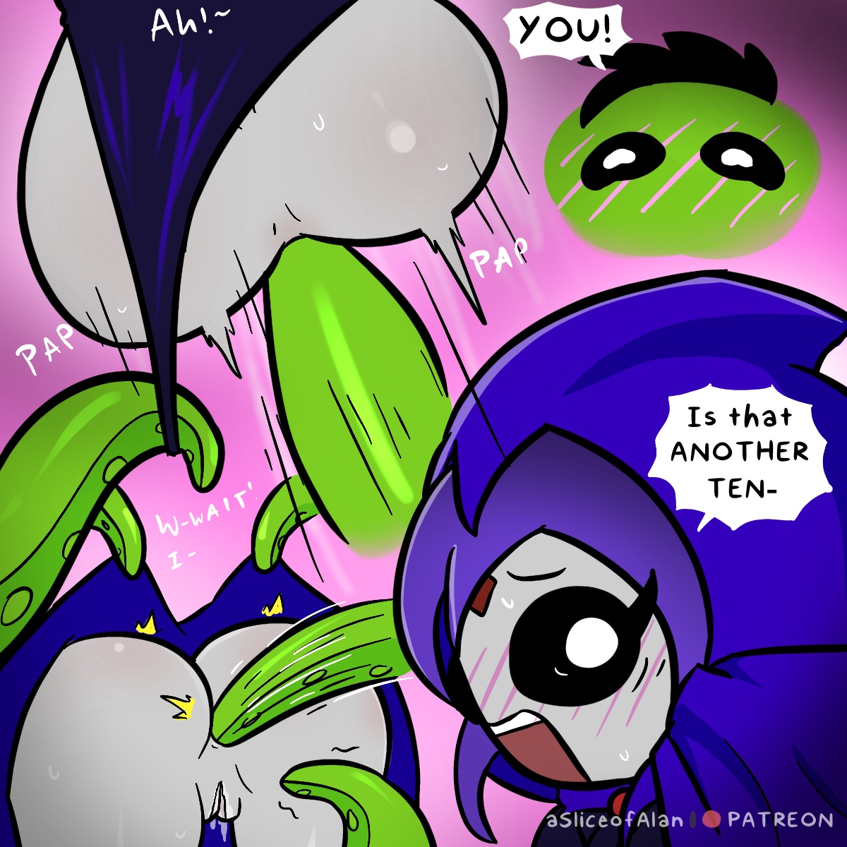1boy, 1girls, anal, animal boy, anus, asliceofalan, ass, beast boy, big ass, black eyes, blush, breasts, couple, dc, dc comics, doggy style, english text, female, from behind, garfield logan, green hair, green skin, male, medium breasts, octopus, purple hair, pussy, rachel roth, raven (dc), speech bubble, tagme, teen titans, tentacle, tentacle in ass, tentacle penetration, thick thighs, thighs, uncensored, zoophilia