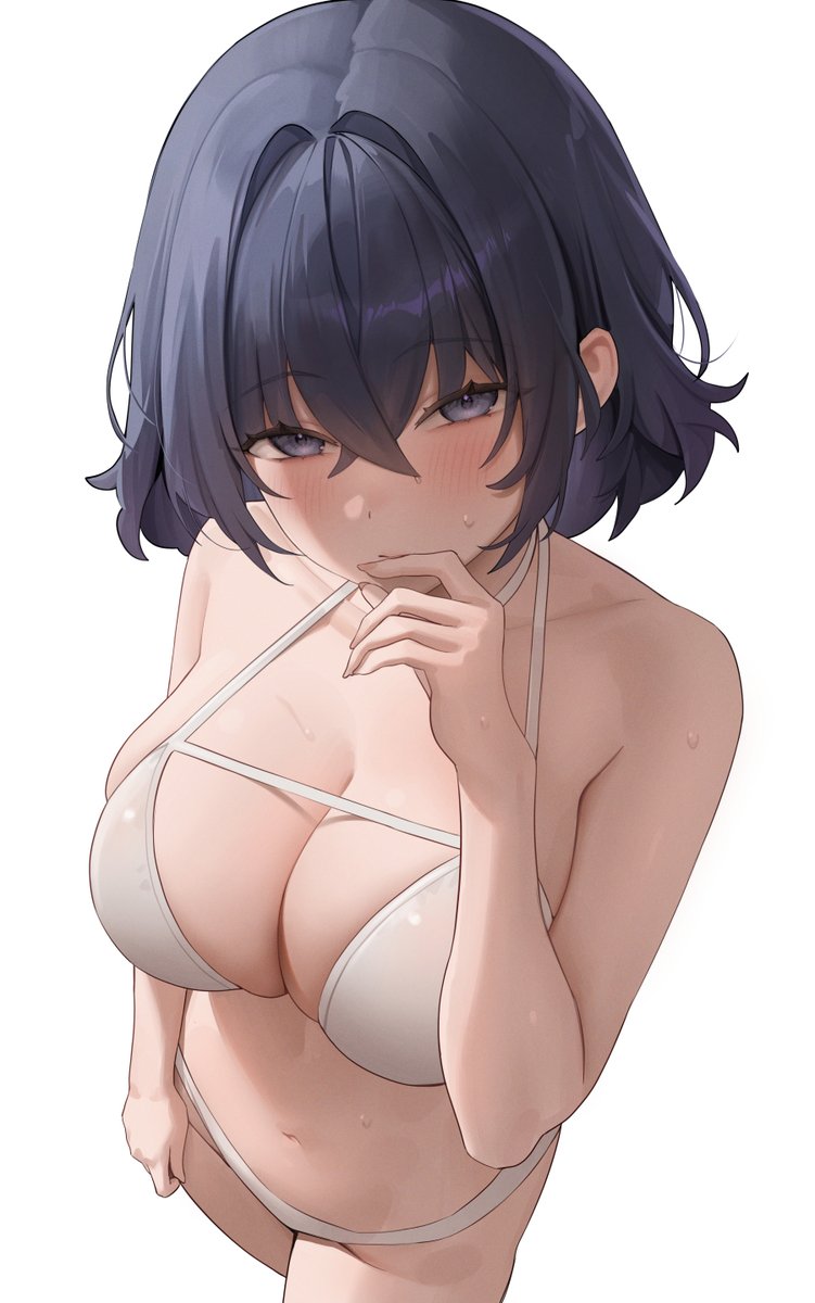 1girls bare_arms bare_midriff bare_shoulders belly belly_button black_eyes black_hair blush blush_lines bra breasts character_request cleavage collarbone copyright_request dot_nose embarrassed embarrassed_female female female_focus female_only hair_between_eyes hand_on_lips hand_on_mouth high_resolution highres hinaki0102 hourglass_figure large_breasts light_skin looking_at_viewer navel nude panties short_hair simple_background slender_body slender_waist slim_girl slim_waist solo standing string_bra sweat sweatdrop thin_waist top_view underwear upper_body white_background white_bra white_panties white_underwear