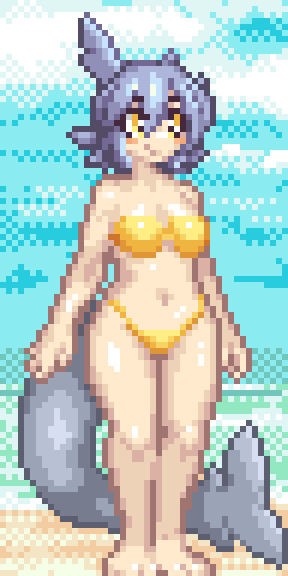 1girls arm_on_breast beach bikini blue_hair borrowed_character breasts cleavage cloud color colored day female female_focus full_body hdoomguy highleg_bikini horizon looking_at_viewer navel no_pussy oc on_ground original original_character pixel_art sand sea senatorwong shark_fin shark_girl shark_tail short_hair sky small_breasts smile solo spec_(senatorwong) standing water wavy_mouth yellow_bikini yellow_eyes