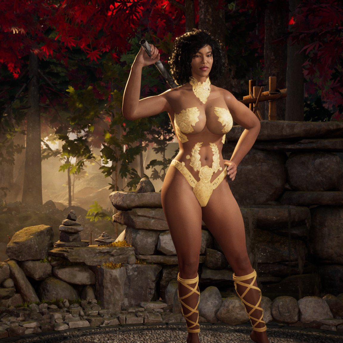 3d 3d_(artwork) 3d_model black_hair brown_eyes dark-skinned_female dark_skin ebony female female_focus female_only haviksluz holding_weapon melanin mortal_kombat mortal_kombat_1_(2023) netherrealm_studios outdoors outside outworld outworlder scantily_clad skimpy_outfit tanya_(mortal_kombat)