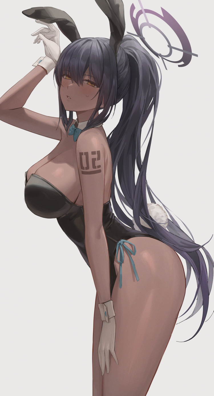 1girls, arm up, ass, bare arms, bare ass, bare legs, bare shoulders, bare thighs, black hair, blue archive, blush, breasts, bunny ears, bunny girl, bunny tail, bunnysuit, cleavage, dark skin, dark-skinned female, female, female focus, female only, gloves, halo, hand on thigh, high resolution, highres, hinaki0102, hourglass figure, karin (blue archive), karin (bunny) (blue archive), large breasts, leaning forward, legs, long hair, looking at viewer, millennium science school student, ponytail, sideboob, simple background, slender body, slender waist, slim female, slim waist, solo, standing, sweatdrop, tattoo, tattooed arm, thick ass, thick thighs, thighs, thin waist, very long hair, white background, white gloves, yellow eyes