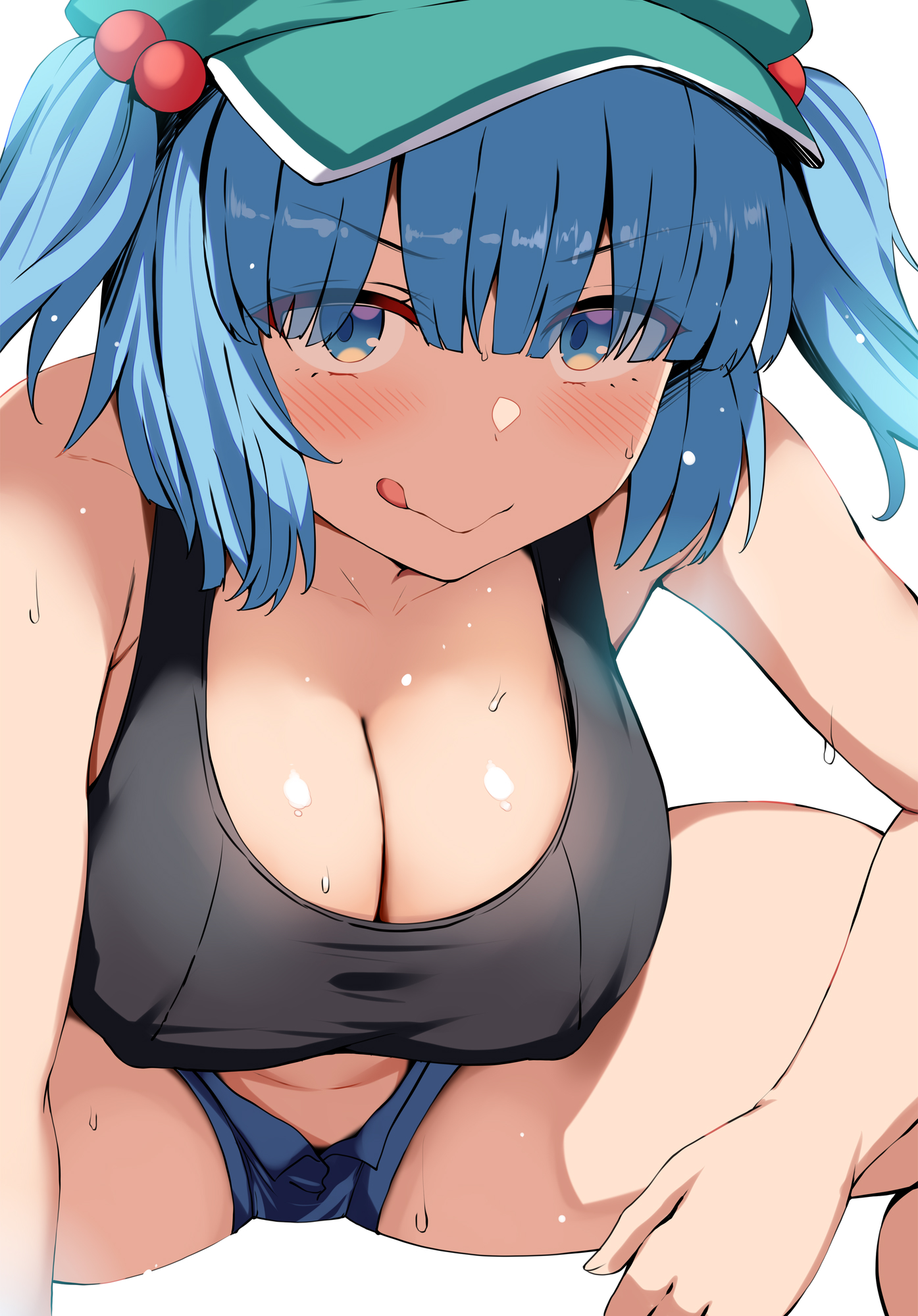 1girls, belko, big breasts, blue eyes, blue hair, blush, breasts, cleavage, clothed female, crouching, female, hat, light skin, light-skinned female, nipple bulge, nitori kawashiro, shorts, solo, solo female, sweat, tank top, thick thighs, thighs, tongue, tongue out, touhou, twintails, white background