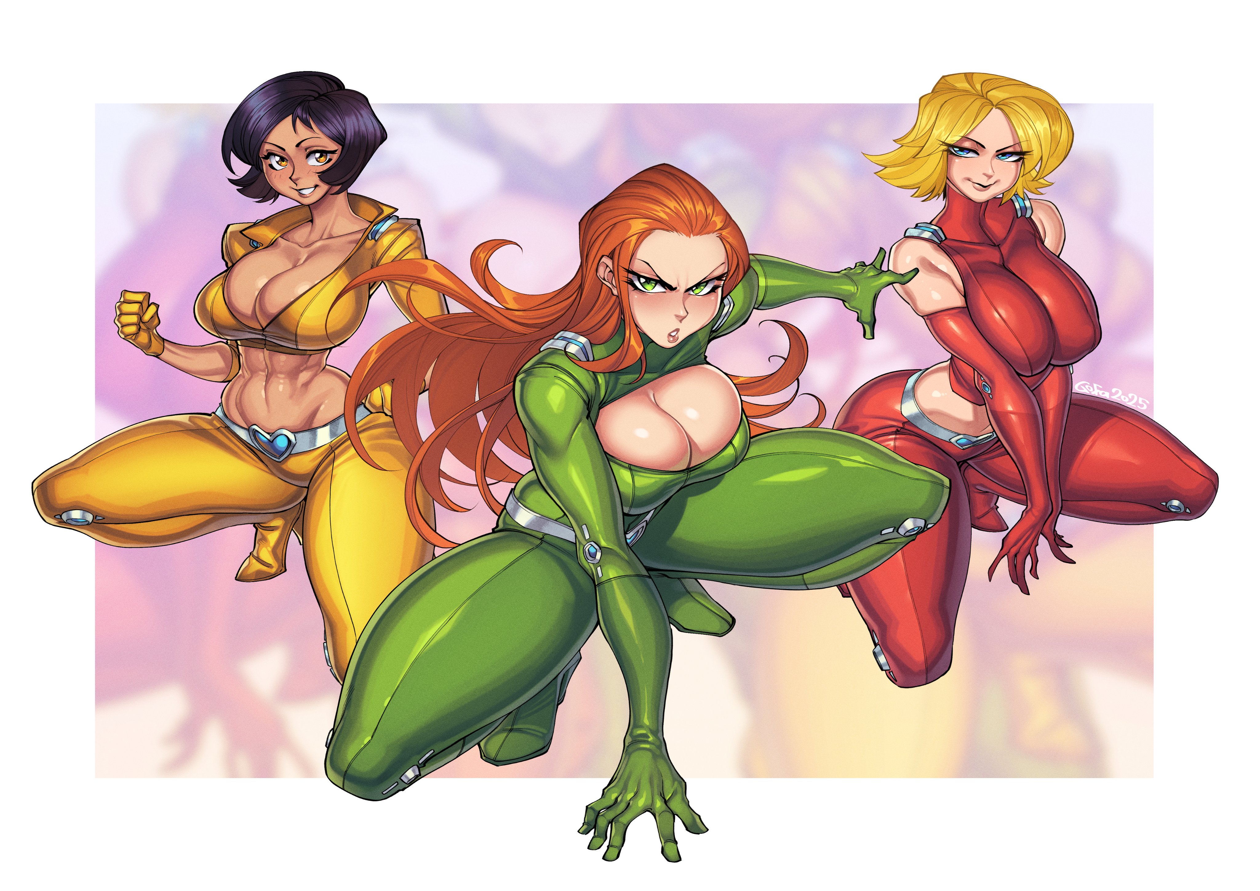 3girls, adapted costume, alex (totally spies), alternate costume, bare shoulders, blonde hair, boots, breasts, brown eyes, cleavage, cleavage cutout, clover (totally spies), crop top, cropped jacket, dark skin, dark-skinned female, elbow gloves, female, gofa, green bodysuit, grin, hair slicked back, kneeling, large breasts, long hair, looking at viewer, purple hair, red hair, red pants, sam (totally spies), short hair, simple background, smile, squatting, totally spies, yellow pants, zoom layer