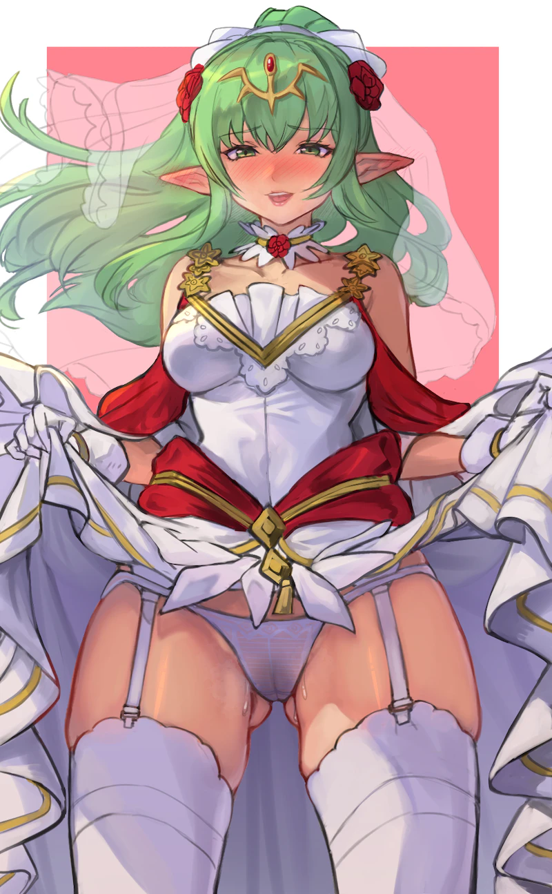 1girls alternate_costume ass_visible_through_thighs bare_shoulders bare_thighs breasts bridal_lingerie bridal_veil bride cameltoe clothes_lift come_hither commission dress dress_lift english_commentary female female_only fire_emblem fire_emblem_awakening fire_emblem_heroes flower garter_straps green_eyes green_hair groin hair_ornament heavy_breathing highres horny lifted_by_self lingerie long_hair looking_at_viewer medium_breasts nintendo official_alternate_costume open_mouth panties pointy_ears ponytail pussy_juice pussy_juice_stain r123 rose see-through skeb_commission skindentation smile solo stained_panties thick_thighs thighs tiara tiki_(adult)_(bridal)_(fire_emblem) tiki_(adult)_(fire_emblem) tiki_(fire_emblem) underwear veil wedding_dress wet wet_clothes wet_panties wet_pussy white_dress white_panties