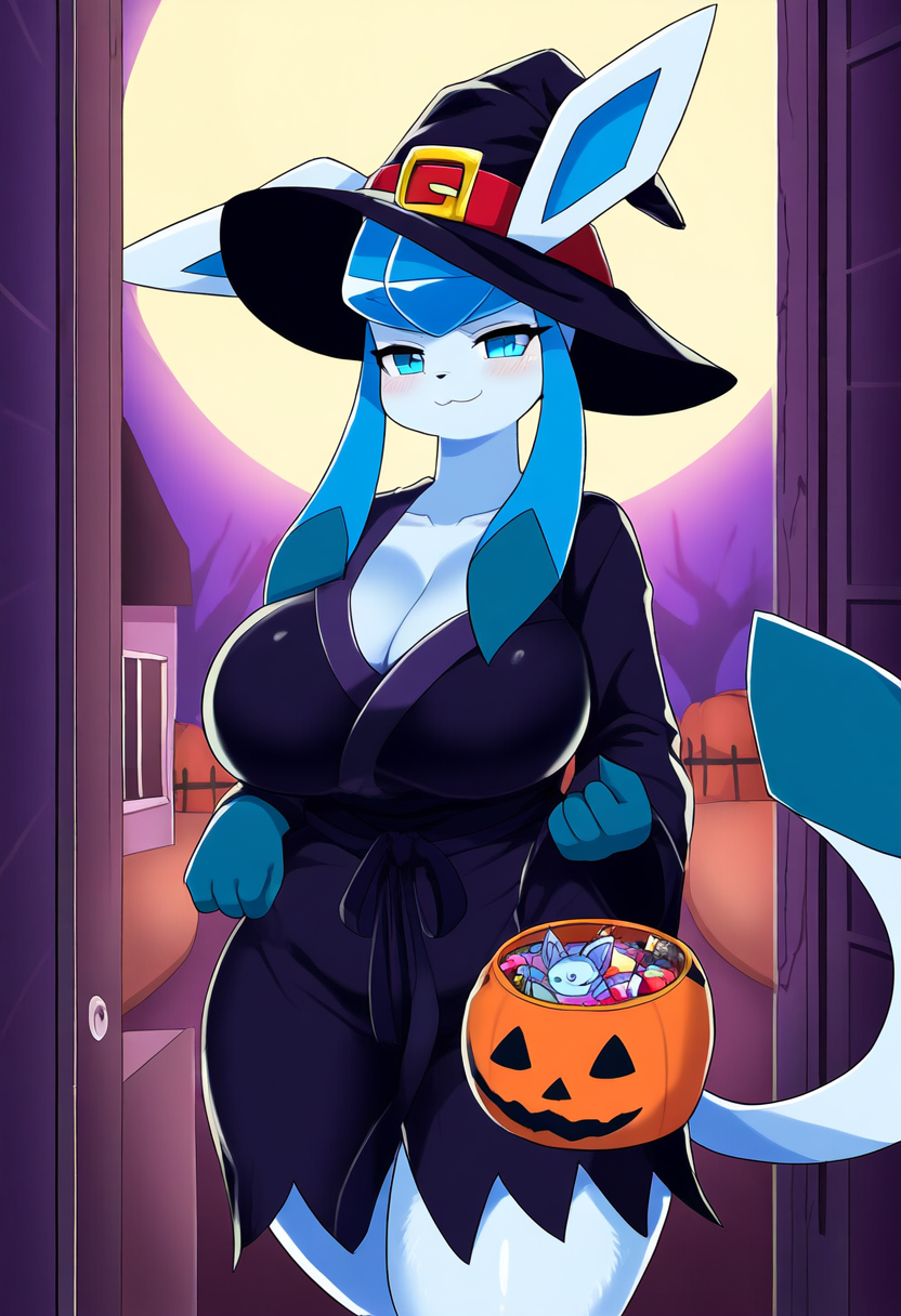 ai_generated anthro breasts candy_bucket eeveelution female female_only glaceon halloween nai_diffusion nintendo novelai pokemon pokemon_(species) robes self_upload weedvee420 witch_hat