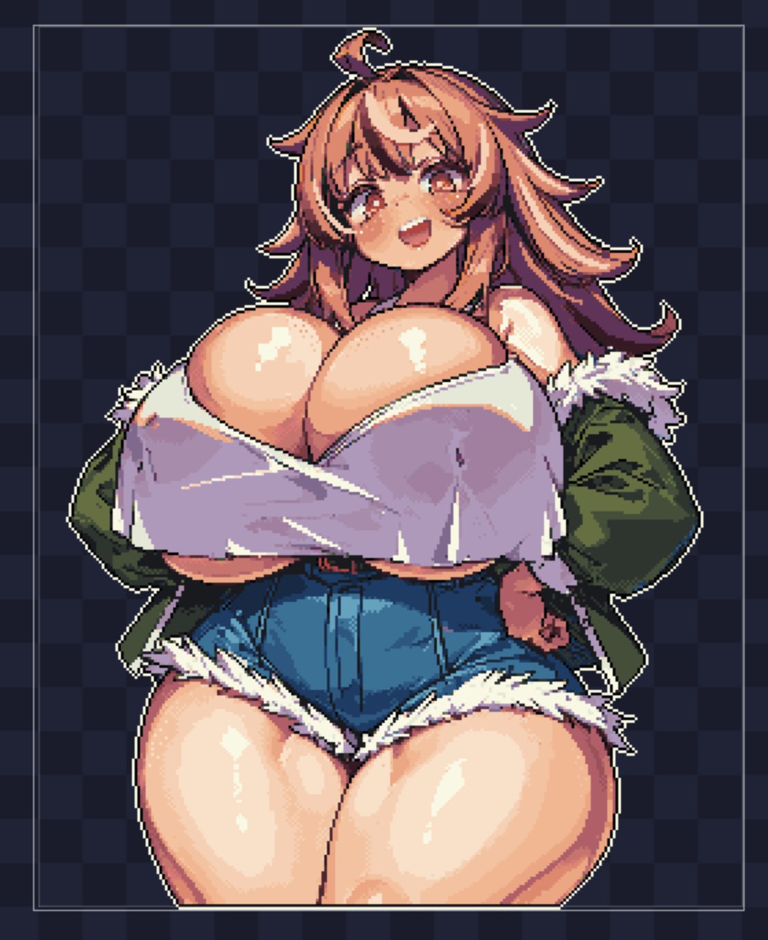 :d ahoge belt blush breasts brown_eyes brown_hair checkered_background clothing cowboy_shot cute dark_background freckles freckles_on_breasts freckles_on_face fur_trim gigantic_breasts gigantic_thighs green_jacket hair hands_on_hips happy hyper_breasts hyper_thighs jacket jean_shorts kyosuke_fujiwara light-skinned_female light_brown_hair light_skin long_hair looking_at_viewer milk_engine multicolored_hair off_shoulder open_mouth original original_character overflowing_breasts parka pixel_art shiny_skin shirt shorts smile smiling smiling_at_viewer teeth teeth_showing thick_thighs topwear underboob venus_body white_shirt