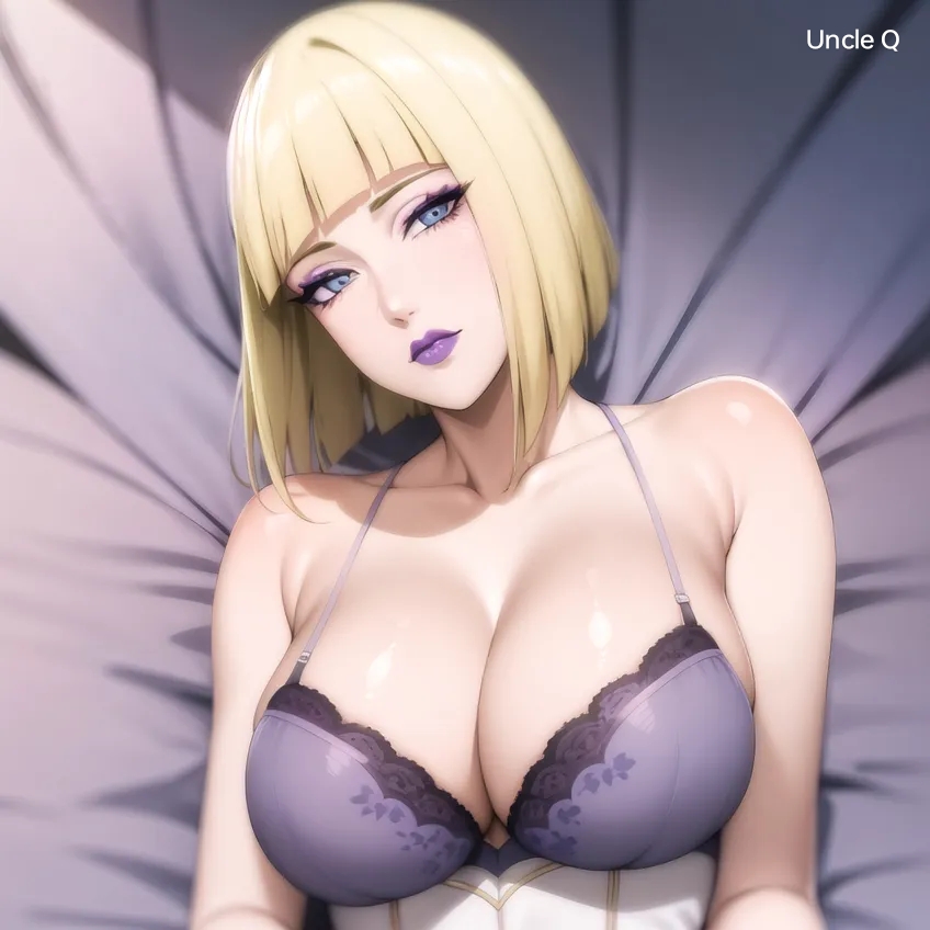1girls, ai generated, artist name, big breasts, blonde hair, blue eyes, blunt bangs, bob cut, bra, breast focus, breasts, cleavage cutout, curvaceous, curvy, curvy female, curvy figure, female, female only, hourglass figure, huge breasts, light skin, light-skinned female, lingerie, lingerie only, lipstick, looking at viewer, lying on back, lying on bed, makeup, mature, mature female, nai diffusion, naruto, naruto (series), naruto shippuden, paipan, pale skin, pale-skinned female, sagging breasts, samui, seducing, seductive, seductive eyes, seductive look, seductive mouth, solo, solo focus, stable diffusion, uncle q, upper body, voluptuous, voluptuous female, watermark