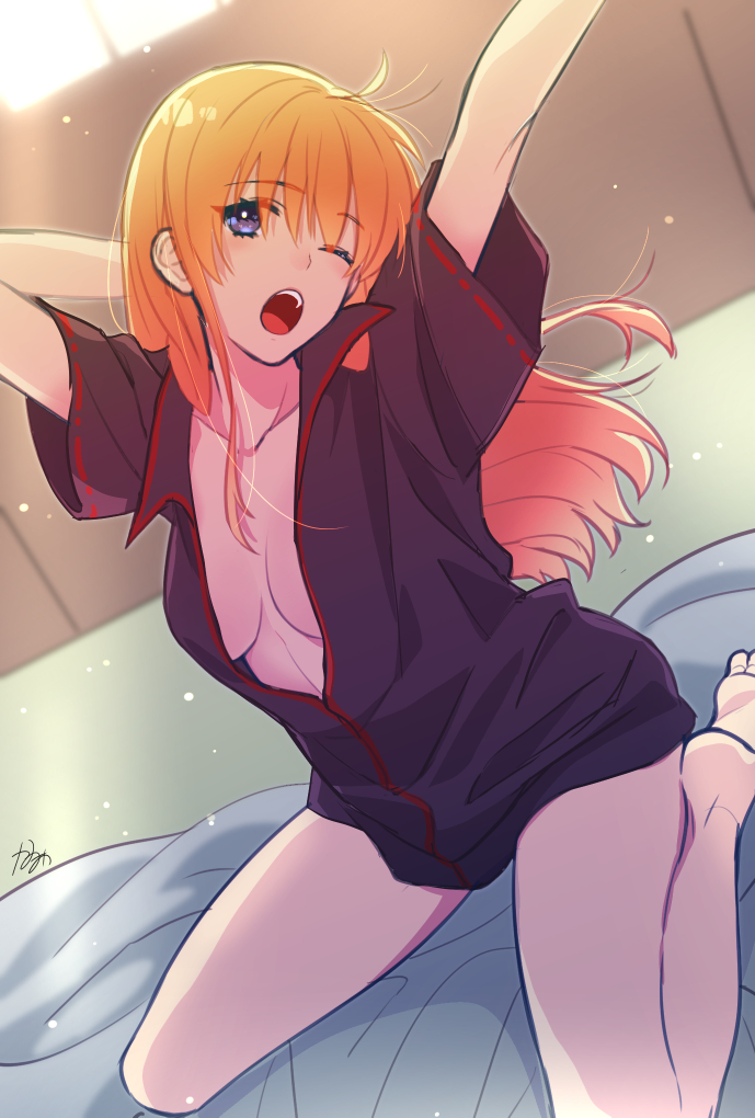 aburi_rare aged_up arms_up blue_eyes bottomless cleavage dutch_angle female female_only gintama hair_down kagura_(gintama) long_hair no_bra one_eye_closed open_mouth orange_hair oversized_clothes oversized_shirt popped_collar sitting small_breasts solo stretching waking_up wariza wearing_others_clothes yawn