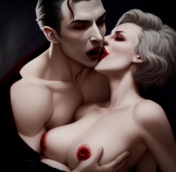 ai_generated blood breasts closed_eyes couple dark_background dracula female_human grey_hair holding_breast kissing male/female nipples open_mouth short_hair short_hair_female short_hair_male vampire