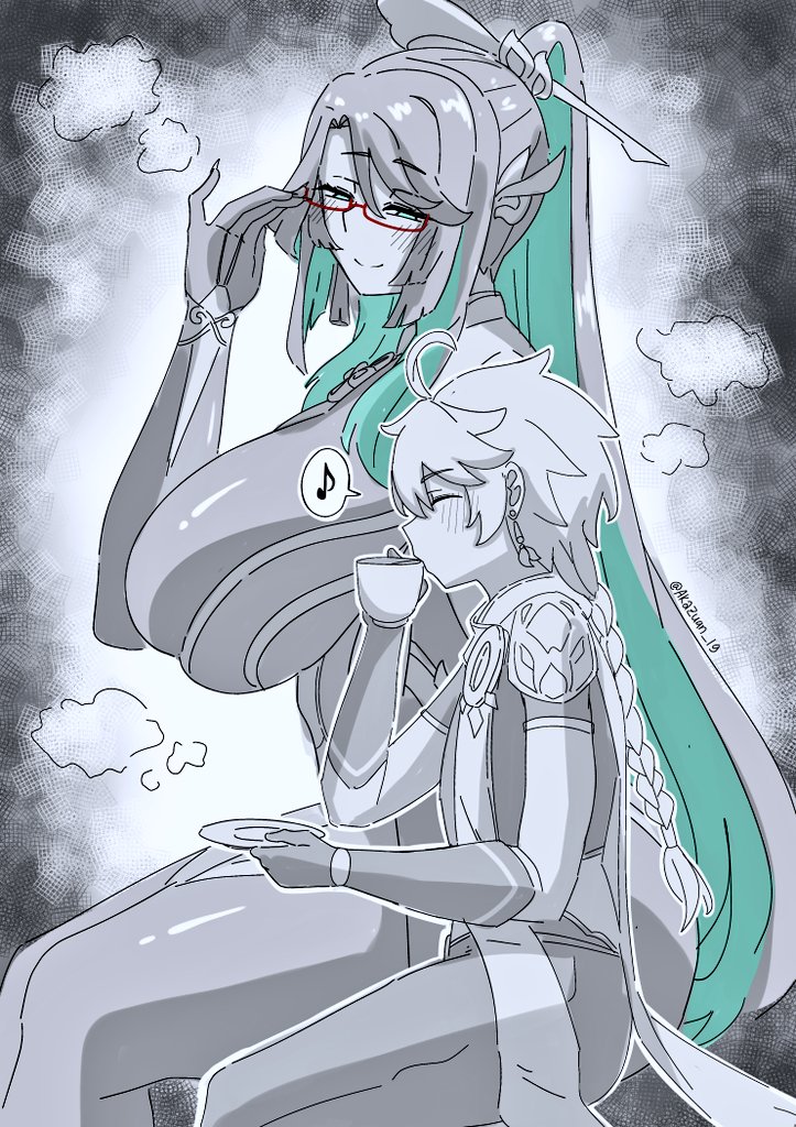 1boy, 1girls, aether (genshin impact), akazuan 19, breasts, female, genshin impact, glasses, greyscale, hair ornament, large breasts, larger female, long hair, male, naughty face, size difference, smaller male, thick thighs, two-tone hair, xianyun (genshin impact)