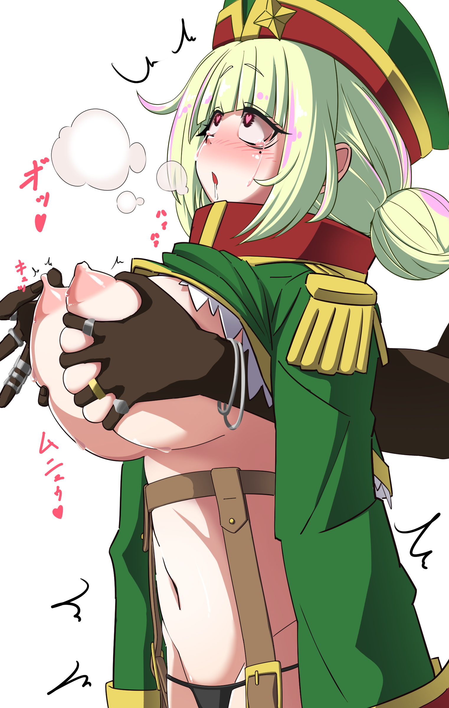 1boy, 1girls, absurd res, araga kiwi, areolae, black panties, breasts, dark skin, dark-skinned male, exposed breasts, female, groping, groping breasts, heart-shaped pupils, hi res, ji orangehermit, large breasts, leopard (mahou shoujo ni akogarete), mahou shoujo ni akogarete, male, military hat, military uniform, nipples, panties, ring, simple background, straight, symbol-shaped pupils, thong, white background
