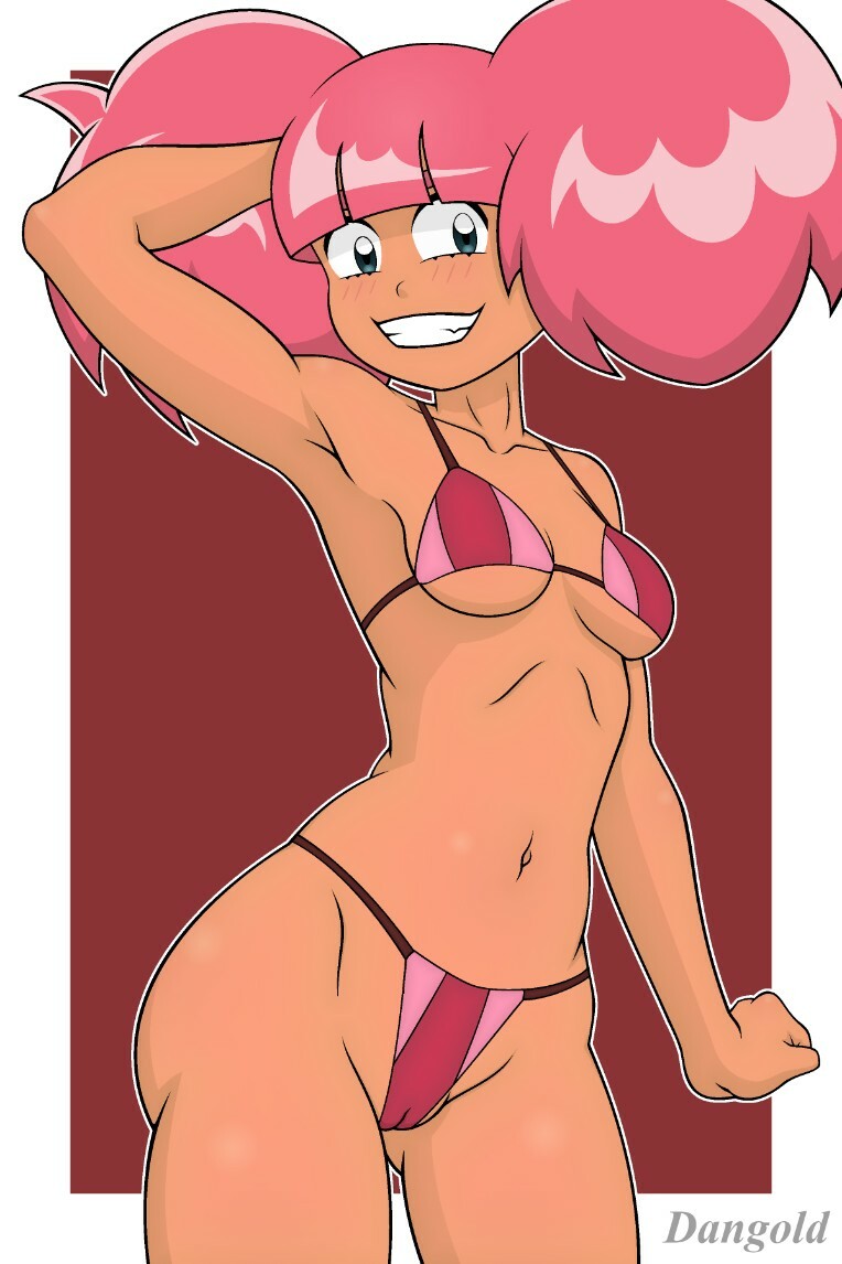 armpit bikini dangold high_guardian_spice looking_at_viewer pink_eyebrows pink_hair pose rosemary_(high_guardian_spice) smile swimsuit thighs visible_pussy