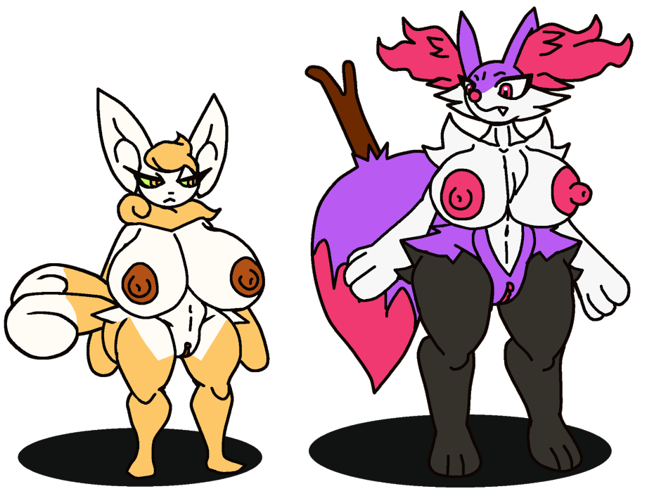 anthro anthro_only big_breasts braixen breasts canine duo feline female female_only furry groovemanyulameister looking_at_another meowstic nipples pokémon_(species) pokemon pokemon_(species) pussy shiny_braixen shiny_meowstic shiny_pokemon thick_thighs transparent_background