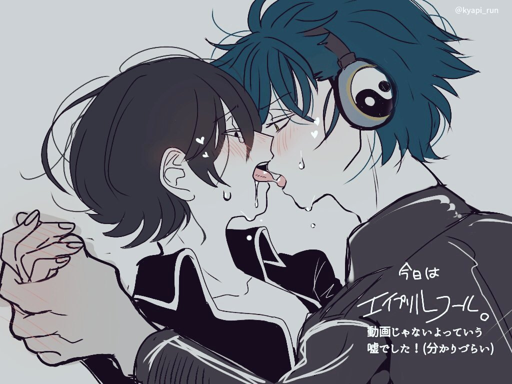 2boys black_hair blue_hair blush clothed eye_contact french_kiss gintama headphones holding_hands kawakami_bansai kirapisu kissing leather_jacket looking_at_another making_out male male_only police_officer police_uniform profile shinsengumi_(gintama) sweat tongue_out upper_body yamazaki_sagaru yaoi yin_yang