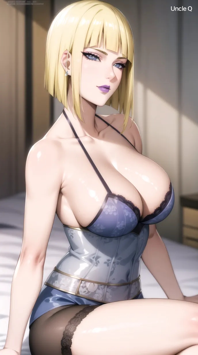 1girls, ai generated, artist name, babydoll, big breasts, blonde hair, blue eyes, blunt bangs, bob cut, breast focus, breasts, cleavage cutout, curvaceous, curvy, curvy female, curvy figure, female, female only, hourglass figure, huge breasts, light skin, light-skinned female, lingerie, lingerie only, lipstick, looking at viewer, makeup, mature, mature female, nai diffusion, naruto, naruto (series), naruto shippuden, paipan, pale skin, pale-skinned female, purple lipstick, sagging breasts, samui, seducing, seductive, seductive eyes, seductive look, seductive mouth, sitting, solo, solo focus, stable diffusion, thick thighs, thighs, uncle q, upper body, voluptuous, voluptuous female, watermark