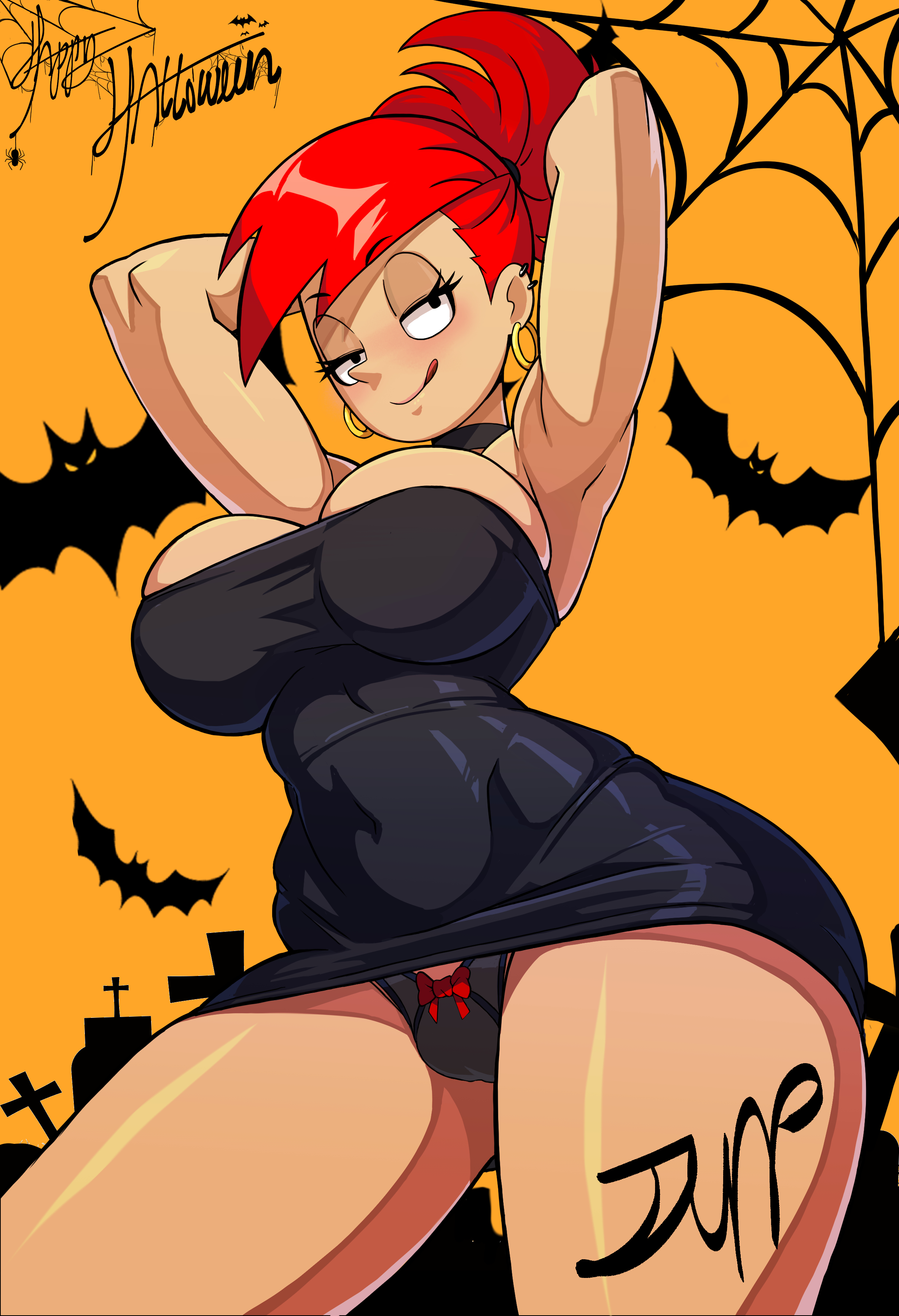1girls, alternate version available, armpits, big breasts, black dress, black panties, breasts, cleavage, dress, ear piercing, earrings, f.b.w, female, female only, foster's home for imaginary friends, frankie foster, hair, half-closed eyes, hands behind head, hips, hoop earrings, huge breasts, mature, mature female, panties, pantyshot, red hair, ribbon, smile, solo, solo female, thighs, tongue, tongue out, wide hips