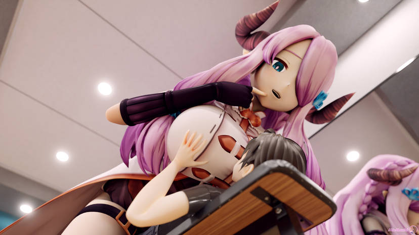 black_hair blue_eyes blush demon_girl demon_horns giantess hands_on_breasts huge_breasts looking_at_partner minmax3d pink_hair pressing_breast_on_partner