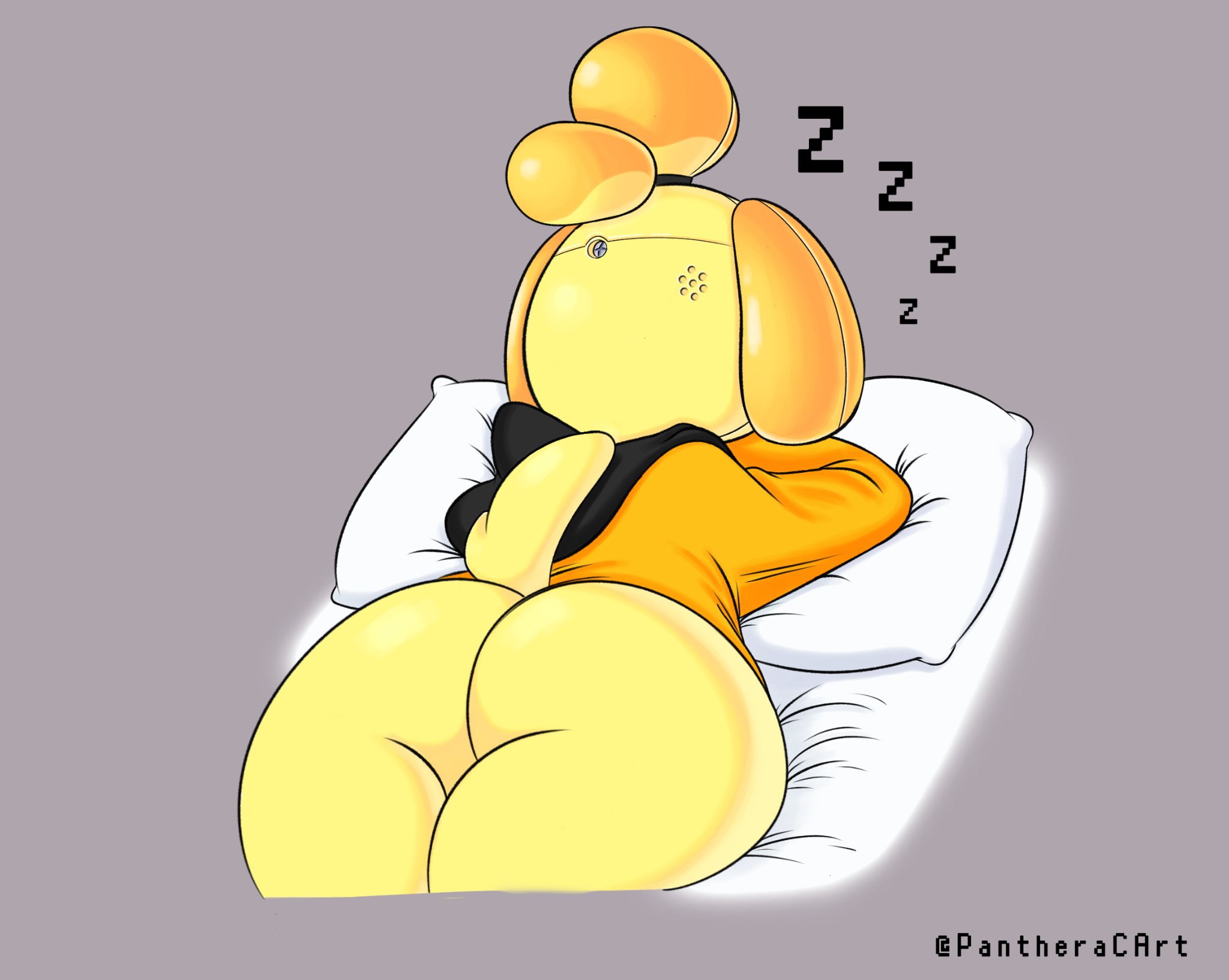 animal crossing, anthro, ass, big ass, bubble ass, bubble butt, canid, canine, canis, female, fur, furry, furry only, gotchibelle, huge ass, isabelle (animal crossing), nintendo, onomatopoeia, panthera cantus, pantheracart, pillow, sleeping, solo, tagme, tail, thick thighs