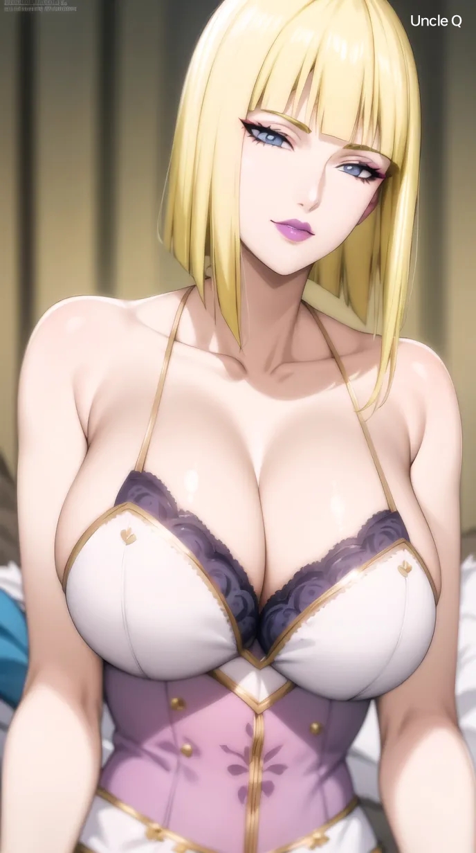 1girls, ai generated, artist name, babydoll, big breasts, blonde hair, blue eyes, blunt bangs, bob cut, breast focus, breasts, cleavage cutout, curvaceous, curvy, curvy female, curvy figure, female, female only, hourglass figure, huge breasts, light skin, light-skinned female, lingerie, lingerie only, lipstick, looking at viewer, makeup, mature, mature female, nai diffusion, naruto, naruto (series), naruto shippuden, paipan, pale skin, pale-skinned female, sagging breasts, samui, seducing, seductive, seductive eyes, seductive look, seductive mouth, sitting, solo, solo focus, stable diffusion, uncle q, upper body, voluptuous, voluptuous female, watermark