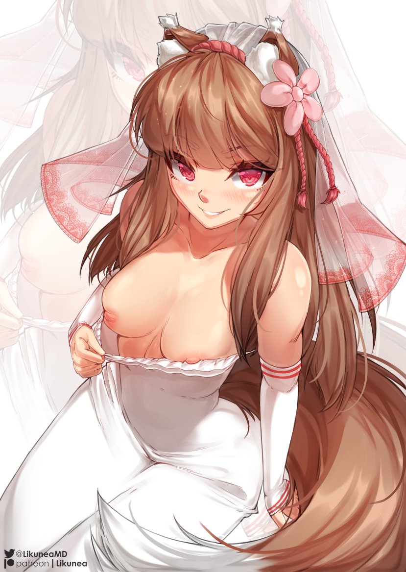 animal_ears breasts brown_hair dress holo likunea long_hair nipples red_eyes spice_and_wolf tail wedding_dress white_dress wolf_ears wolf_tail