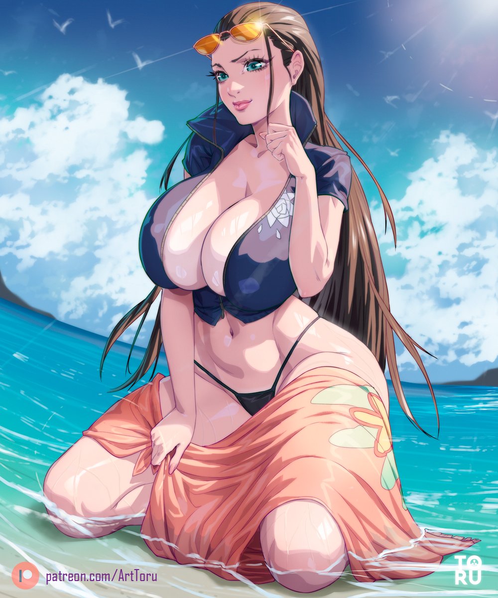 1girls arttoru black_hair blue_eyes breasts cleavage eyewear_on_head female female_only huge_breasts inner_sideboob jacket light-skinned_female light_skin long_hair nico_robin one_piece outdoors post-timeskip sunglasses_on_head thick_thighs thighs wide_hips