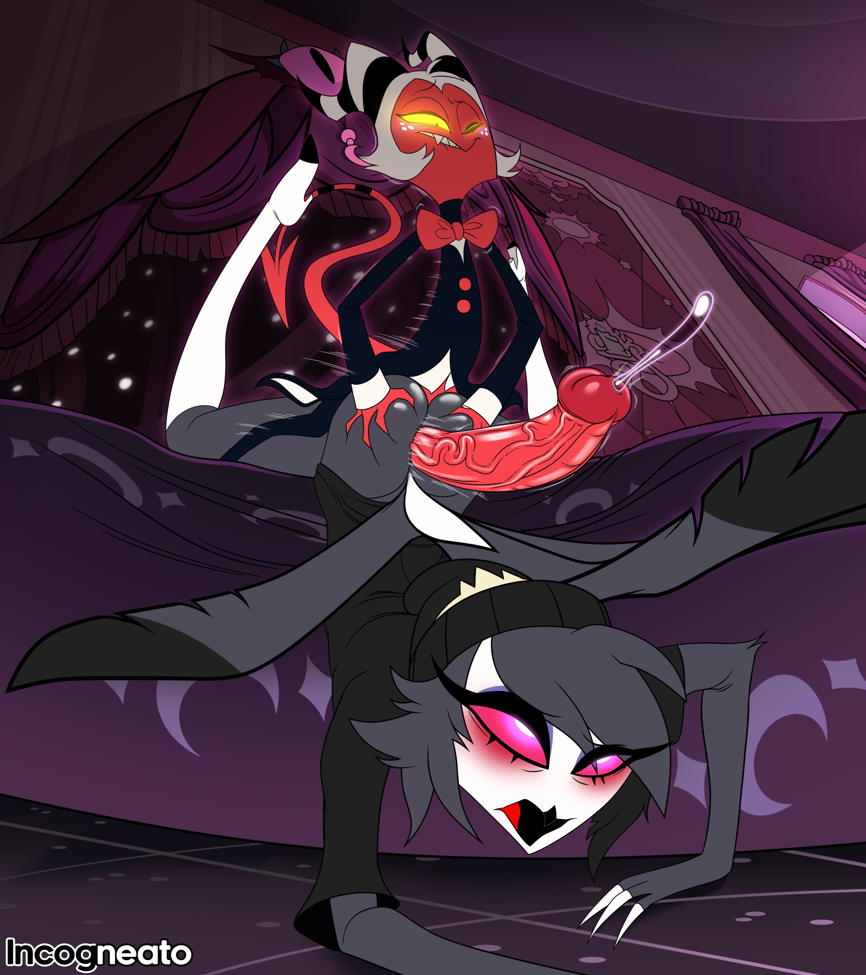1boy, 1girls, age difference, anthro, ass, assjob, avian, avian humanoid, big penis, bird girl, black feathers, buttjob, covered assjob, covered buttjob, demon, demon boy, demon girl, female, helluva boss, high heel boots, high heels, imp, incogneato, male, moxxie (helluva boss), no penetration, octavia (helluva boss), owl, owl demon, penis, red body, red skin, white hair, yellow sclera, young, younger female