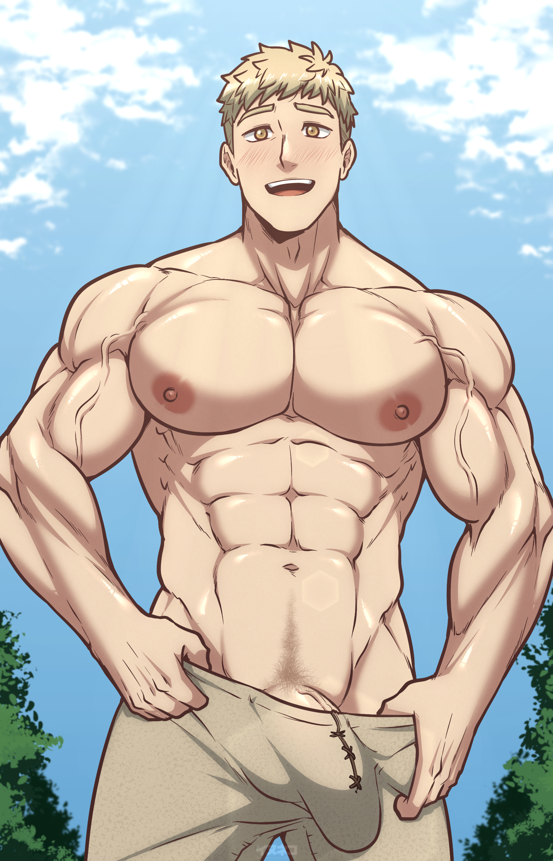1boy, balls, bara, big bulge, big penis, blush, bulge, bulge through clothing, clothing, dungeon meshi, gay, huge bulge, inunekostudio, laios touden, looking at viewer, male, male focus, male nipples, male only, male pubic hair, masculine male, muscular, muscular chest, muscular male, nipples, no male underwear, penis, penis outline, pubic hair, solo, solo male, tight clothing, yaoi