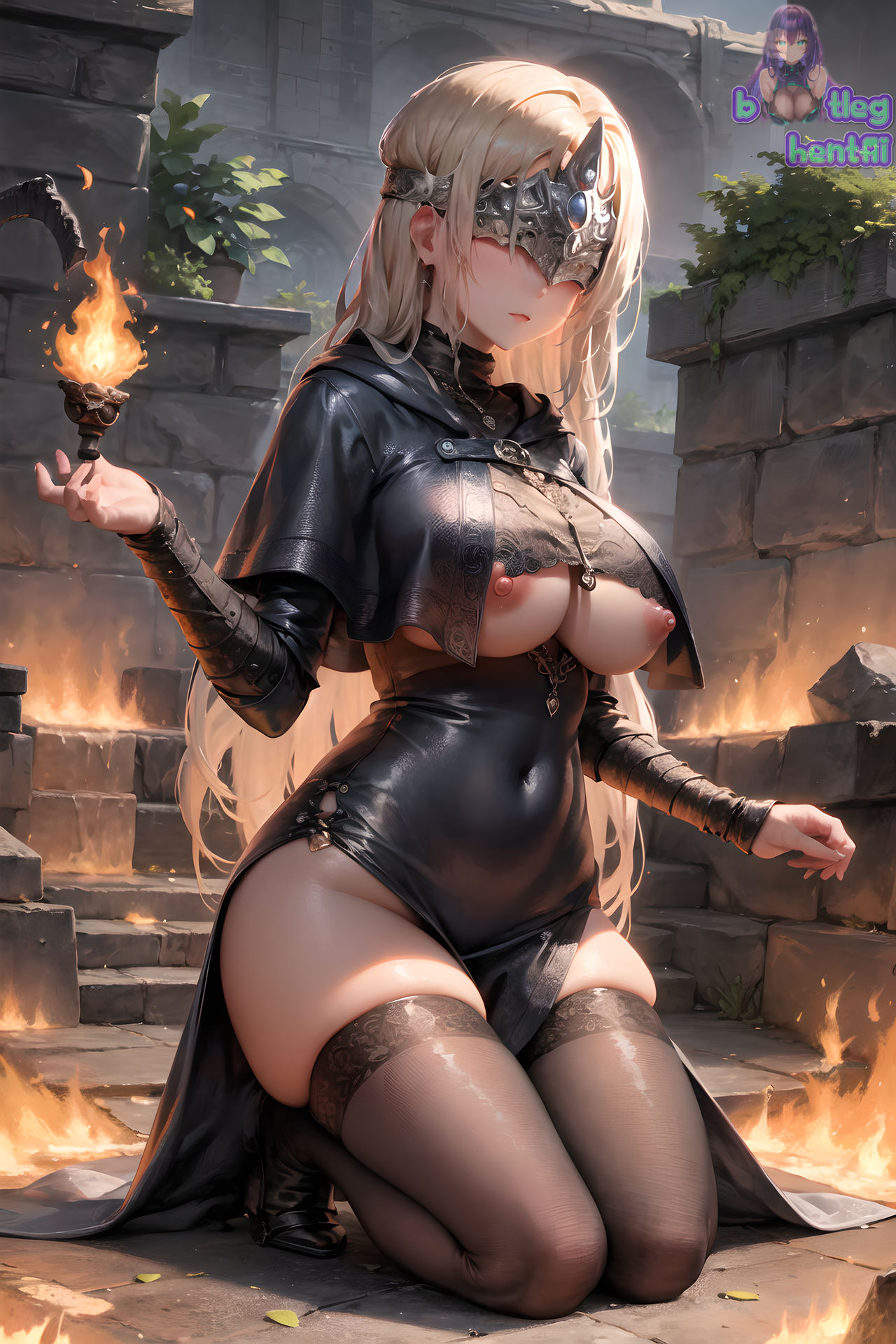 1girls ai_generated big_breasts bootleghentai breasts breasts_out dark_souls dark_souls_3 female female_only fire_keeper fromsoftware kneeling light-skinned_female stockings